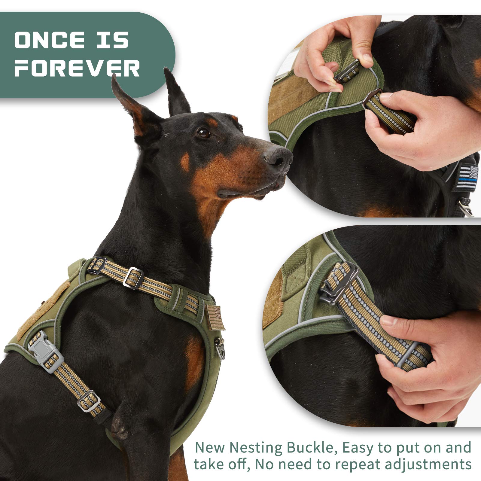 BUMBIN Tactical Dog Harness for Large Dogs, No Pull, Adjustable XL, Green, Reflective, Training Vest with Handle