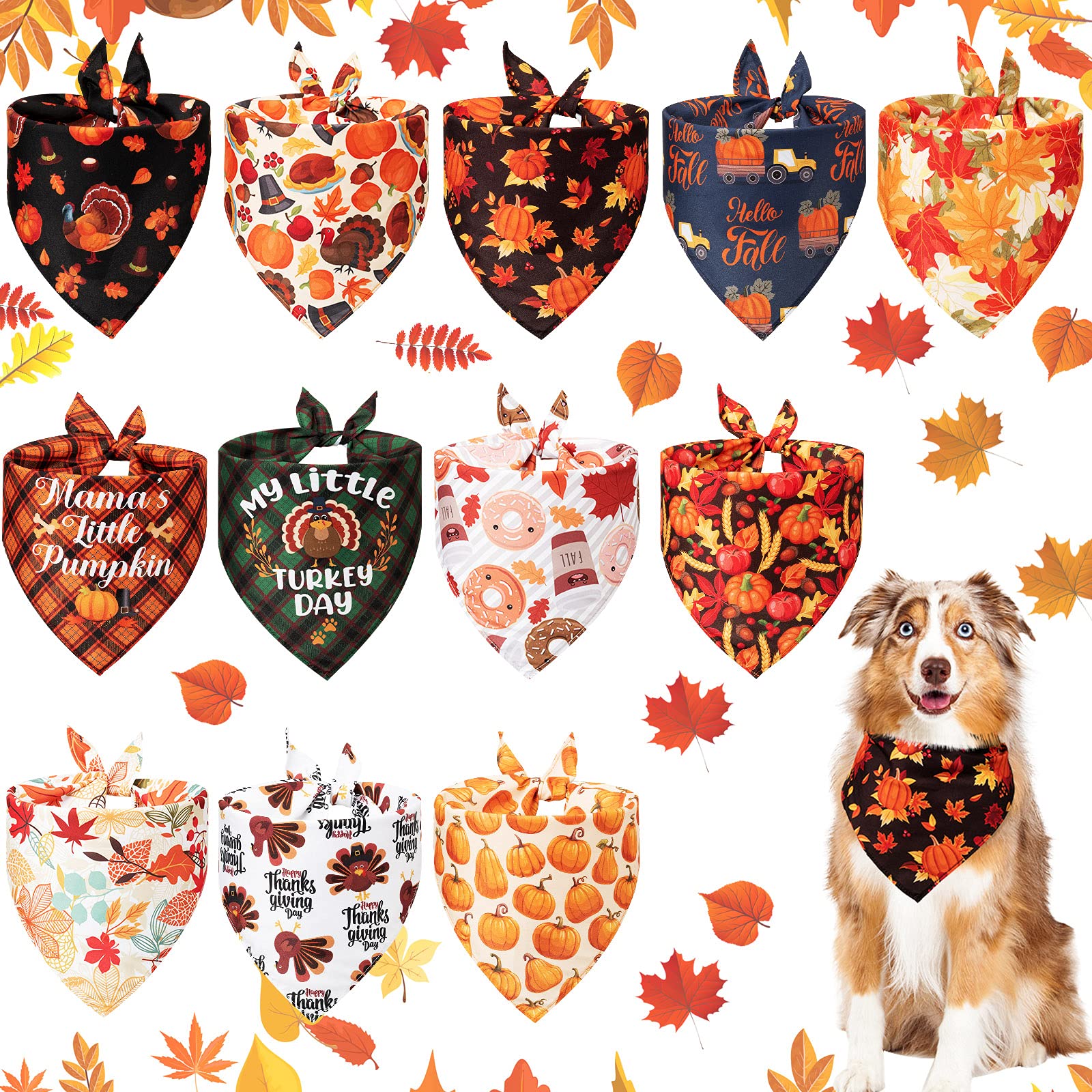 12 Pieces Thanksgiving Pet Bandana Fall Dog Bandanas Dog Fall Clothes Accessories Maple Leaf Pumpkin Patterned Autumn Pet Triangle Scarf Bibs For Large Small Dog Kerchief Cat Pet Fall Outfit Washable