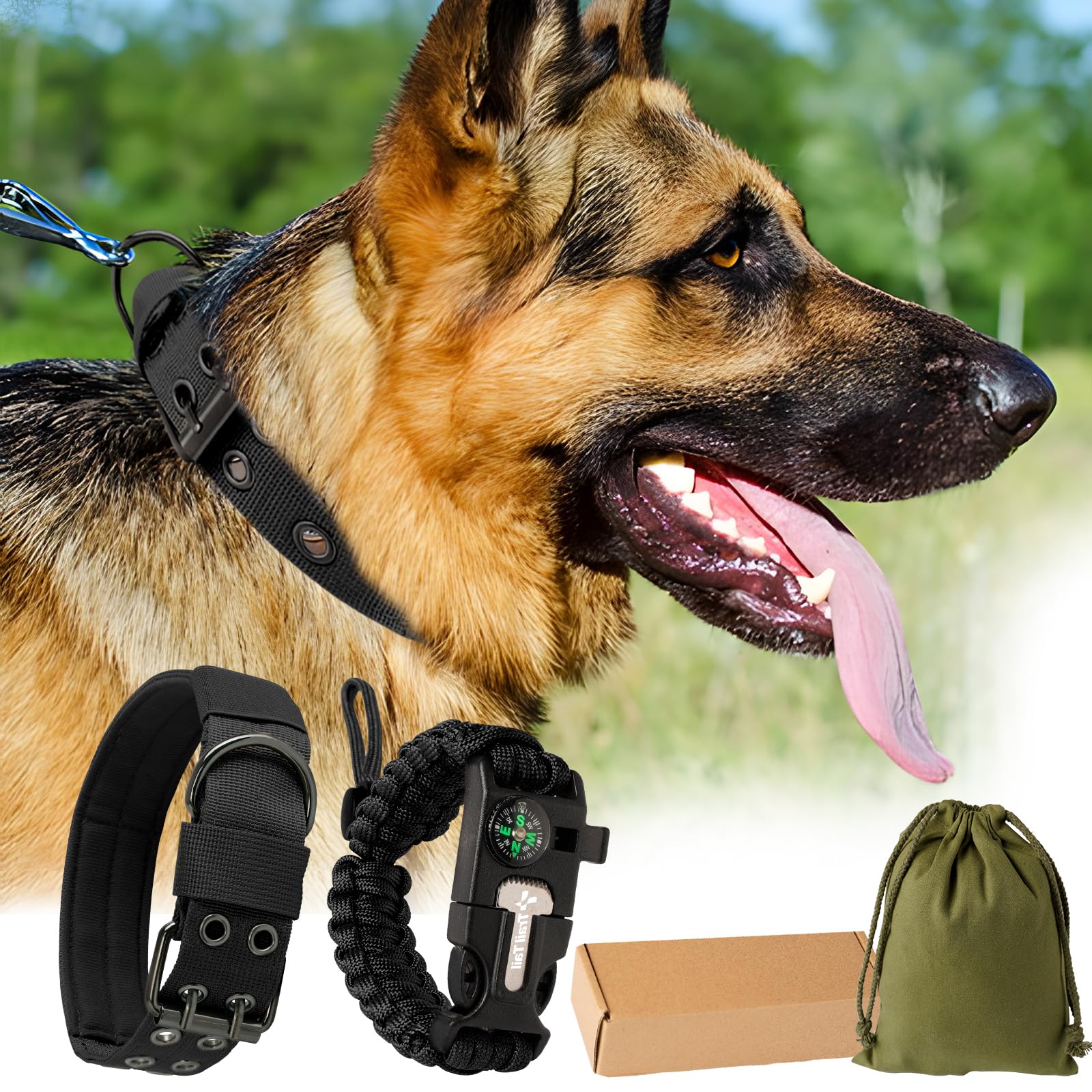 Heavy Duty Tactical Thick Dog Collar With Paracord Survival Bracelet, Metal Buckle And Patches - Suitable For German Shepherd, P