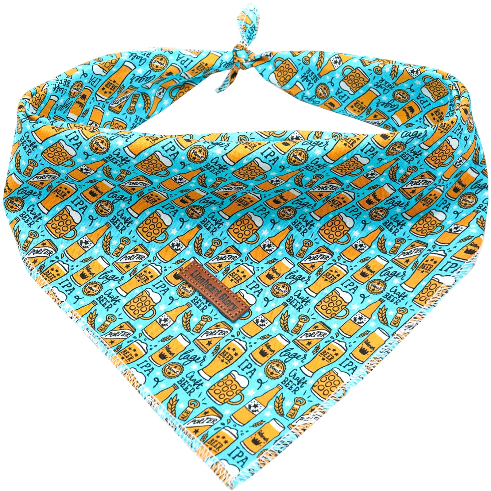 Lionheart Glory Dog Bandana 1 Pack Washable Soft Blue Dog Scarf, Beer Print Boy Bandana Square Adjustable Dog Bandanas For Small