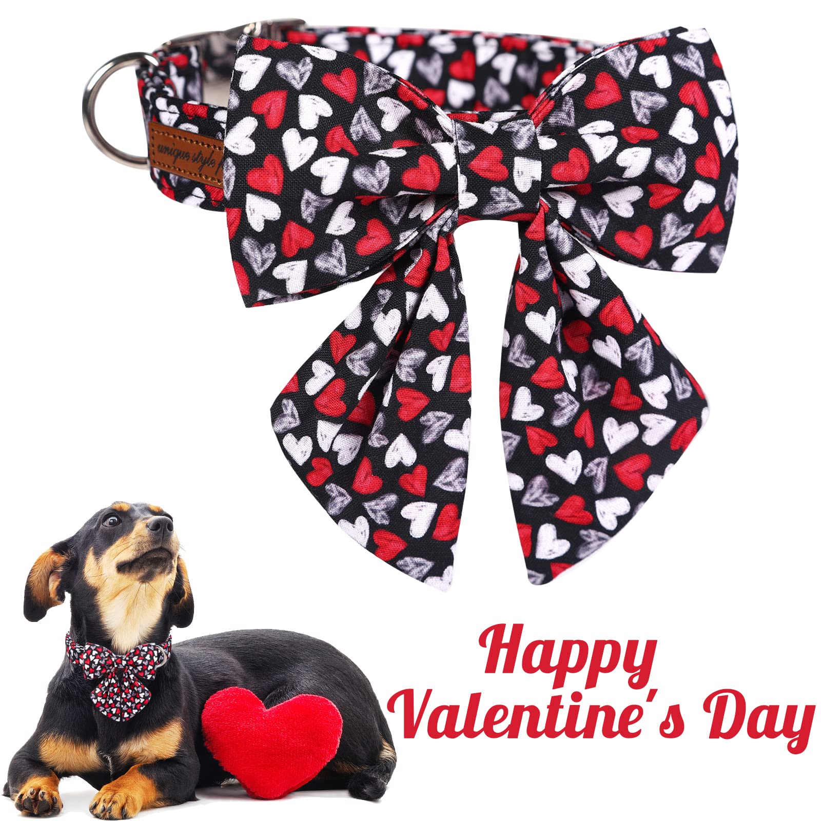 Unique Style Paws Valentine'S Day Dog Collar With Tie Black & Red Heart Puppy Collar Best Gothic Style Gift For Small Medium Large Boys Girls-Xs