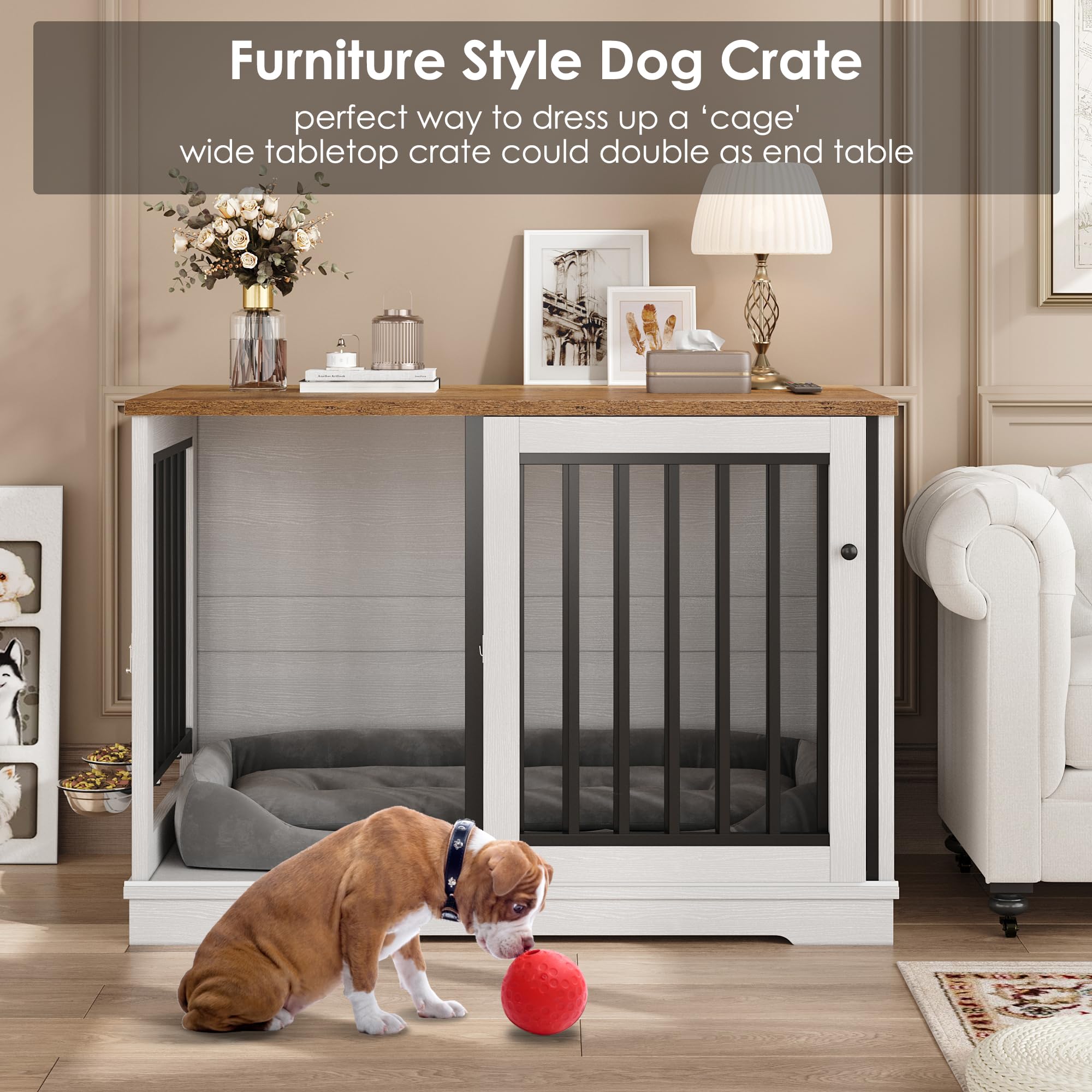 Dog Crate Furniture 47'' Large Dog Kennel For Dogs Indoor, Heavy Duty Dog Cage With Sliding Door And 2 Sus Bowls Wooden End Tabl