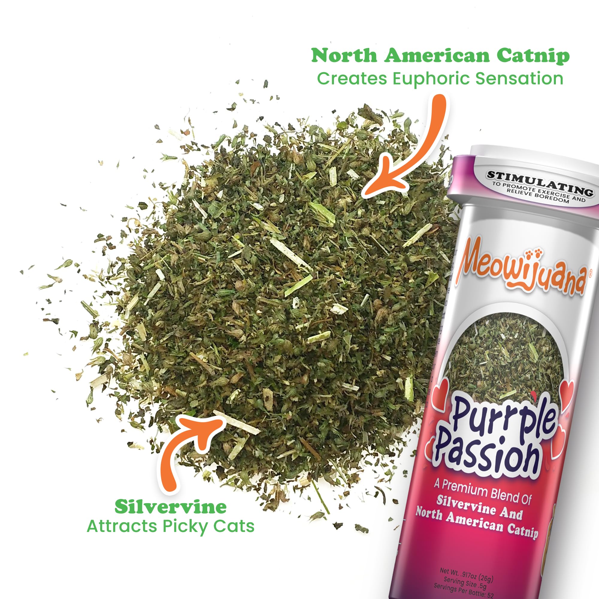 Meowijuana Purrple Passion Cat Nip - Premium Organic Blend of Catnip for Cats & Silvervine, Stimulates Playful Behavior, 26g, Na