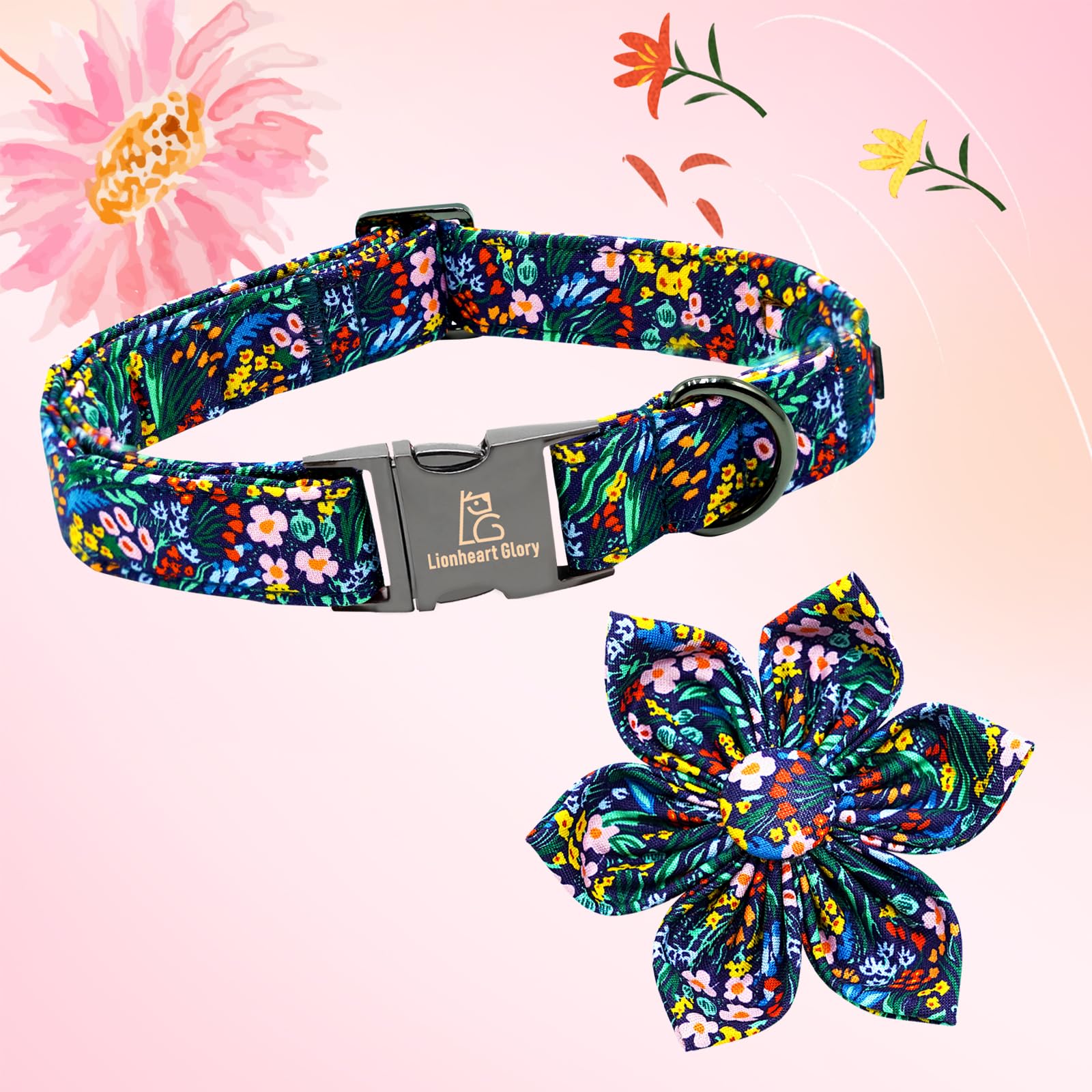 Lionheart glory Dog Collar Darkblue Flower Dog Bow Collars Floral Dog Collar with Flowers Male or Female Spring Fall Pet Gift Du