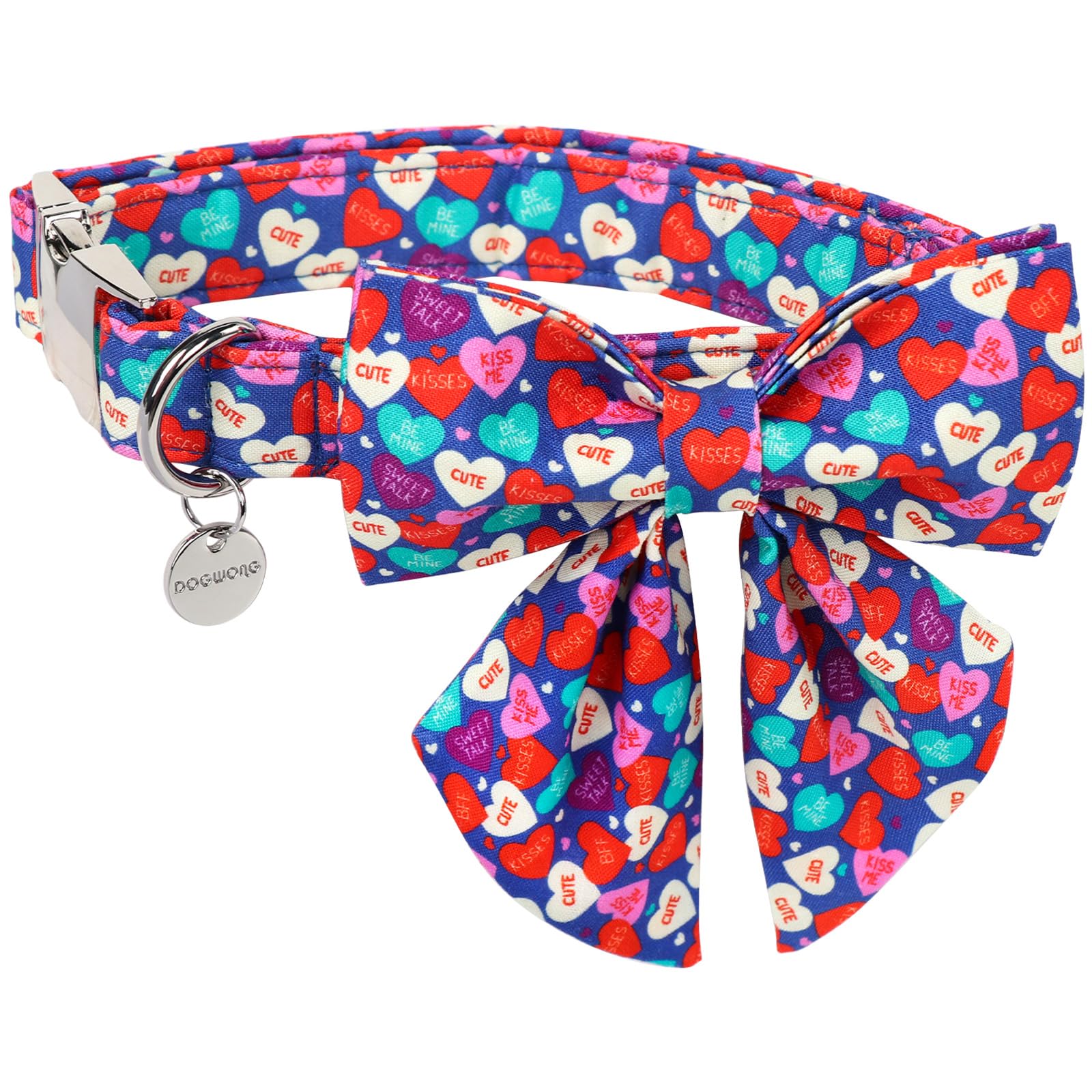 Dogwong Valentine'S Dog Collar With Saolor Bowtie, Blue Heart Bowtie Dog Collar, Adjustable Durable Pink Heart Dog Collar Cute D