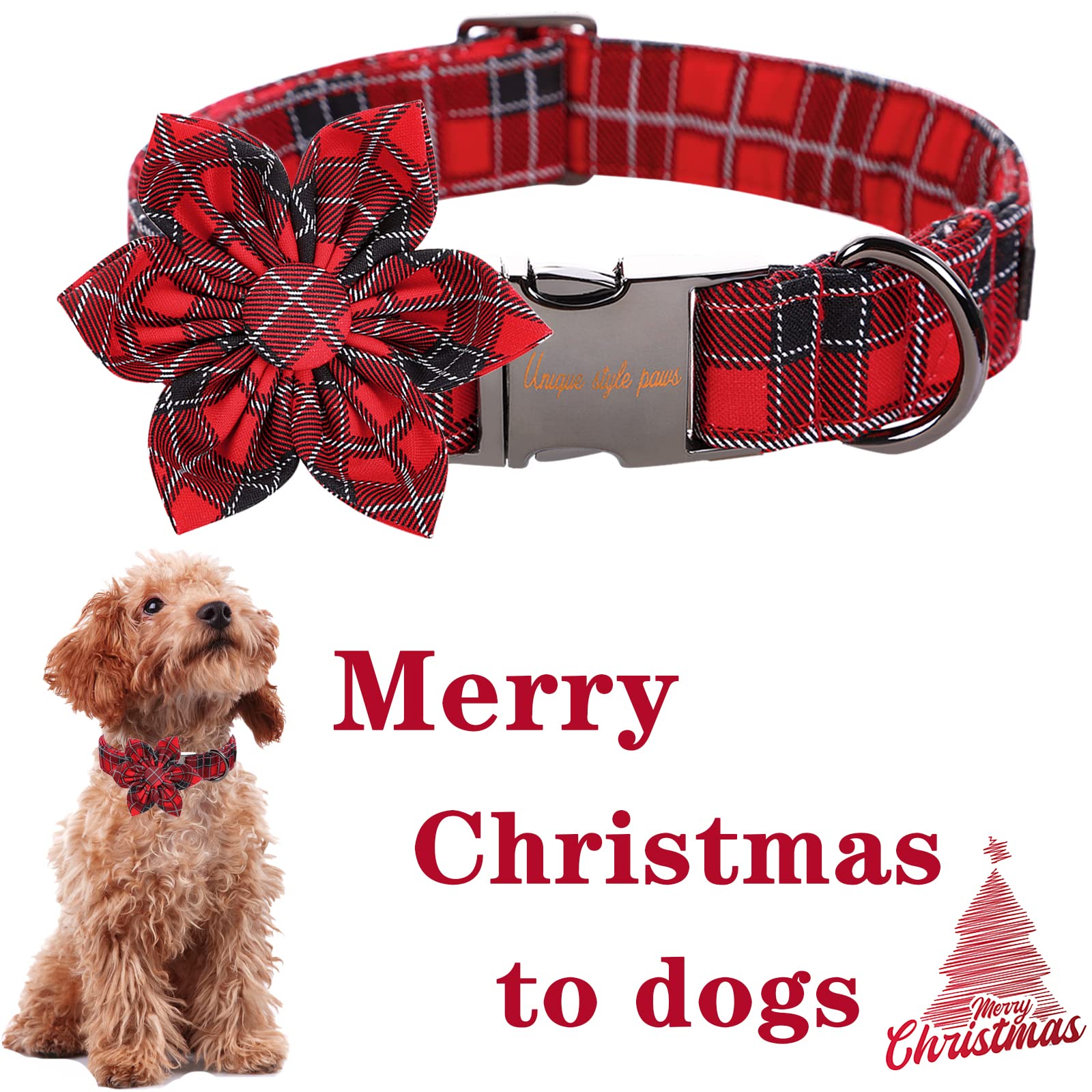 Unique Style Paws Christmas Dog Collar With Flower Tie Red Black Grid Cotton Collar Adjustable Puppy Plaid Collar For Small Medium Large Dogs-Xs