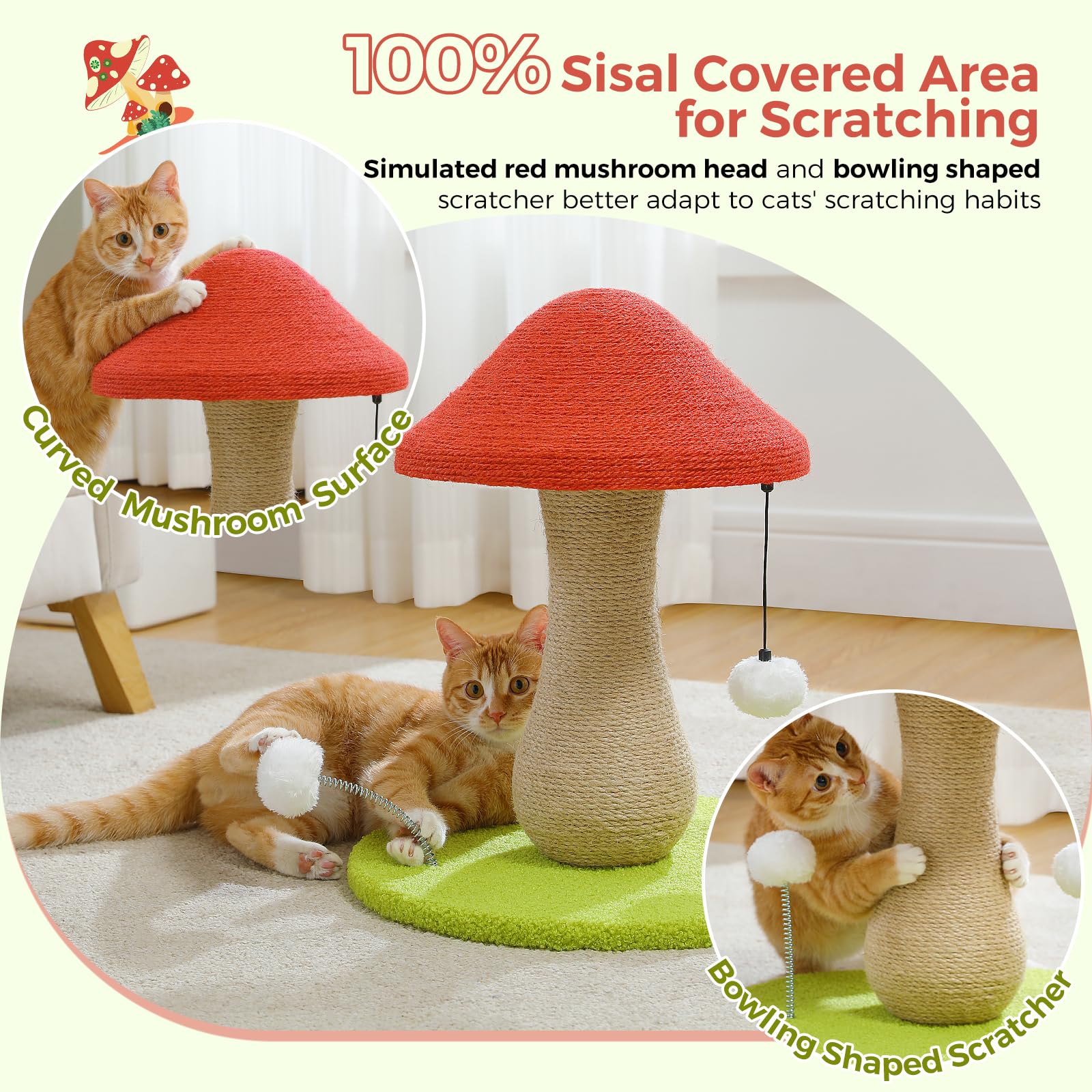 Petepela Mushroom Cat Scratching Post, Cat Scratcher Cute With 100% Sisal Covered Scratching Post & Pompoms Toy, Mushroom Cat Po