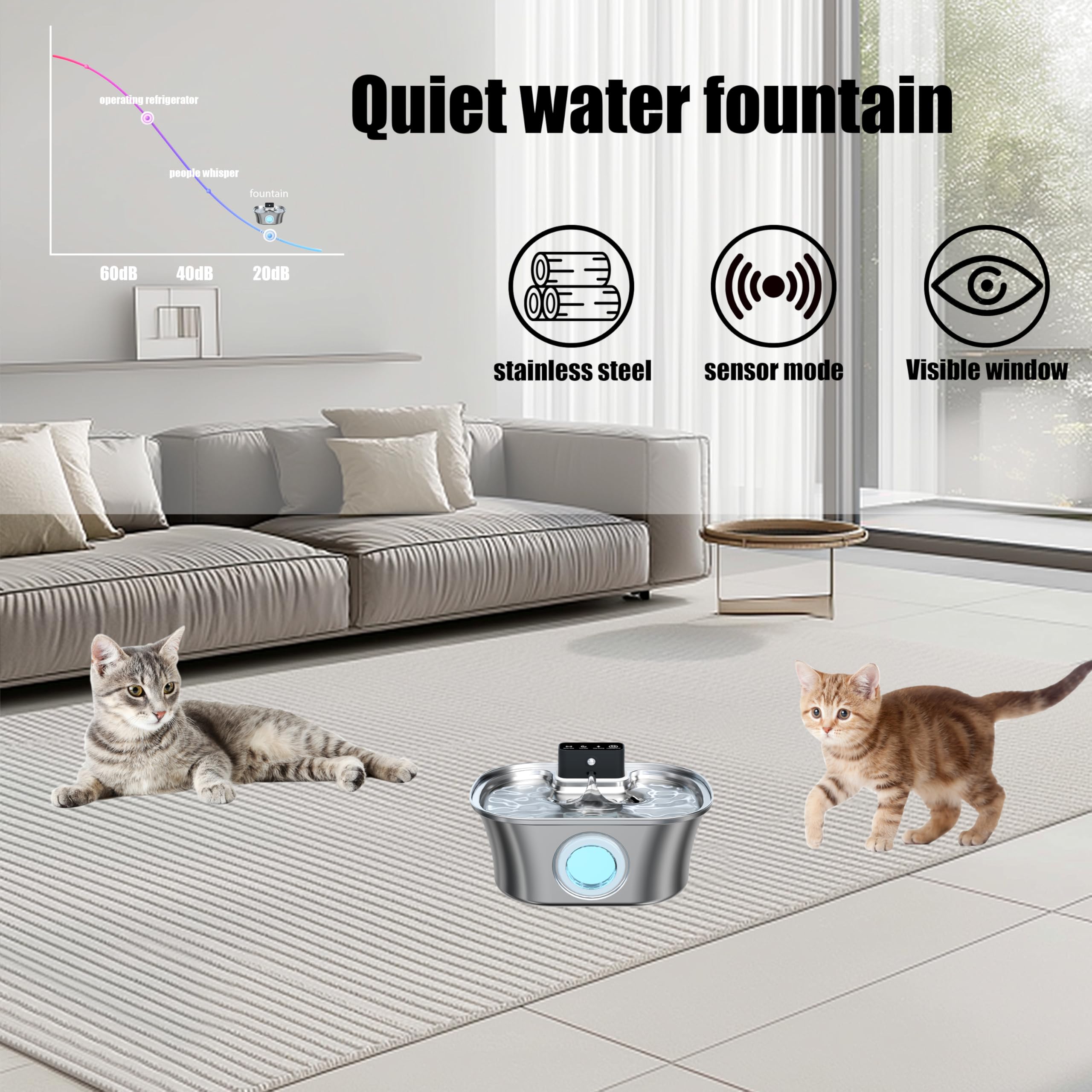 Pipartie Wireless Cat Water Fountain Stainless Steel, 3.2L Pet Fountain Battery Operated,Cordless Cat Fountain For Cats&Dog With