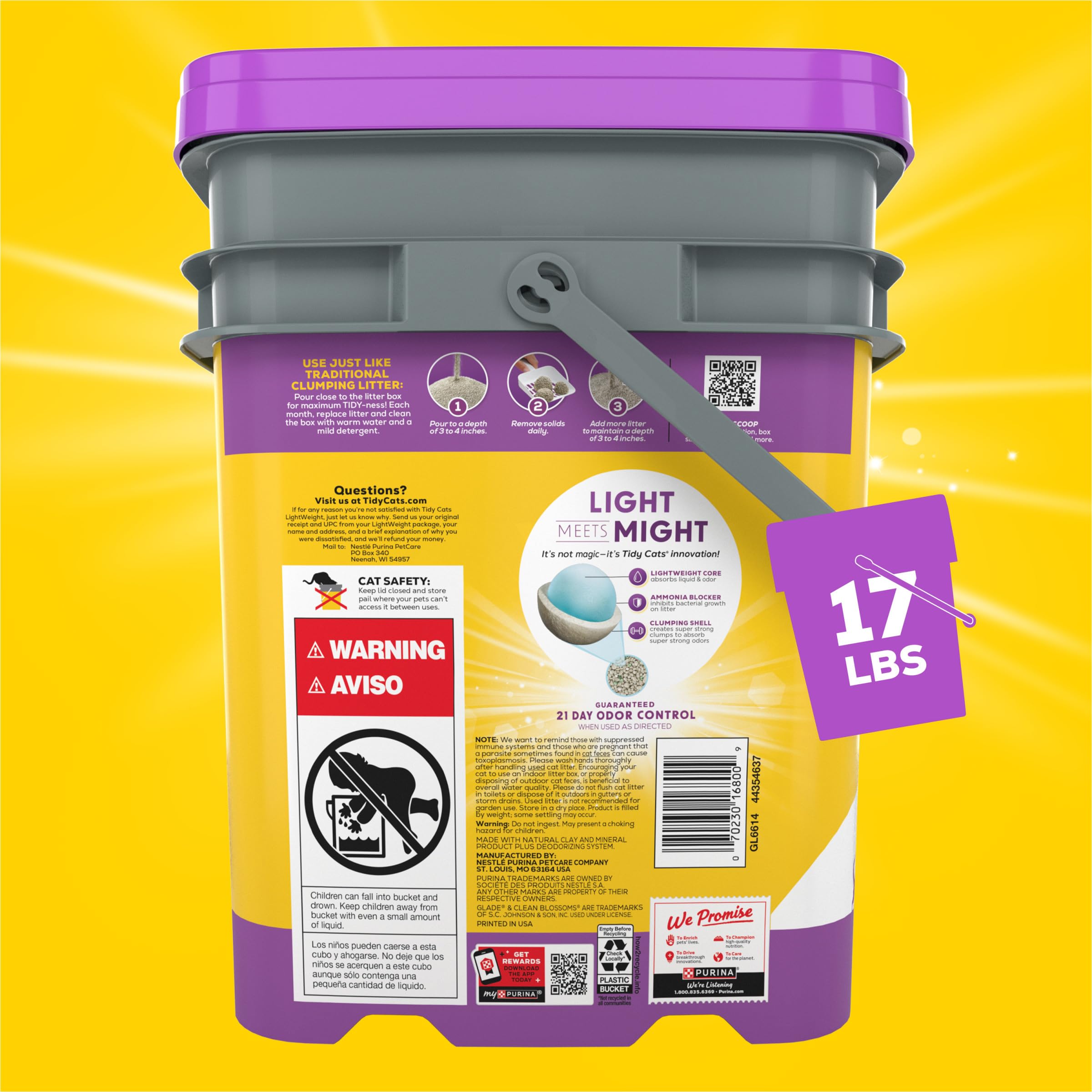 Purina Tidy Cats Light Weight, Low Dust, Clumping, Lightweight Glade Clean Blossoms Multi Cat Litter - 17 Lb. Pail