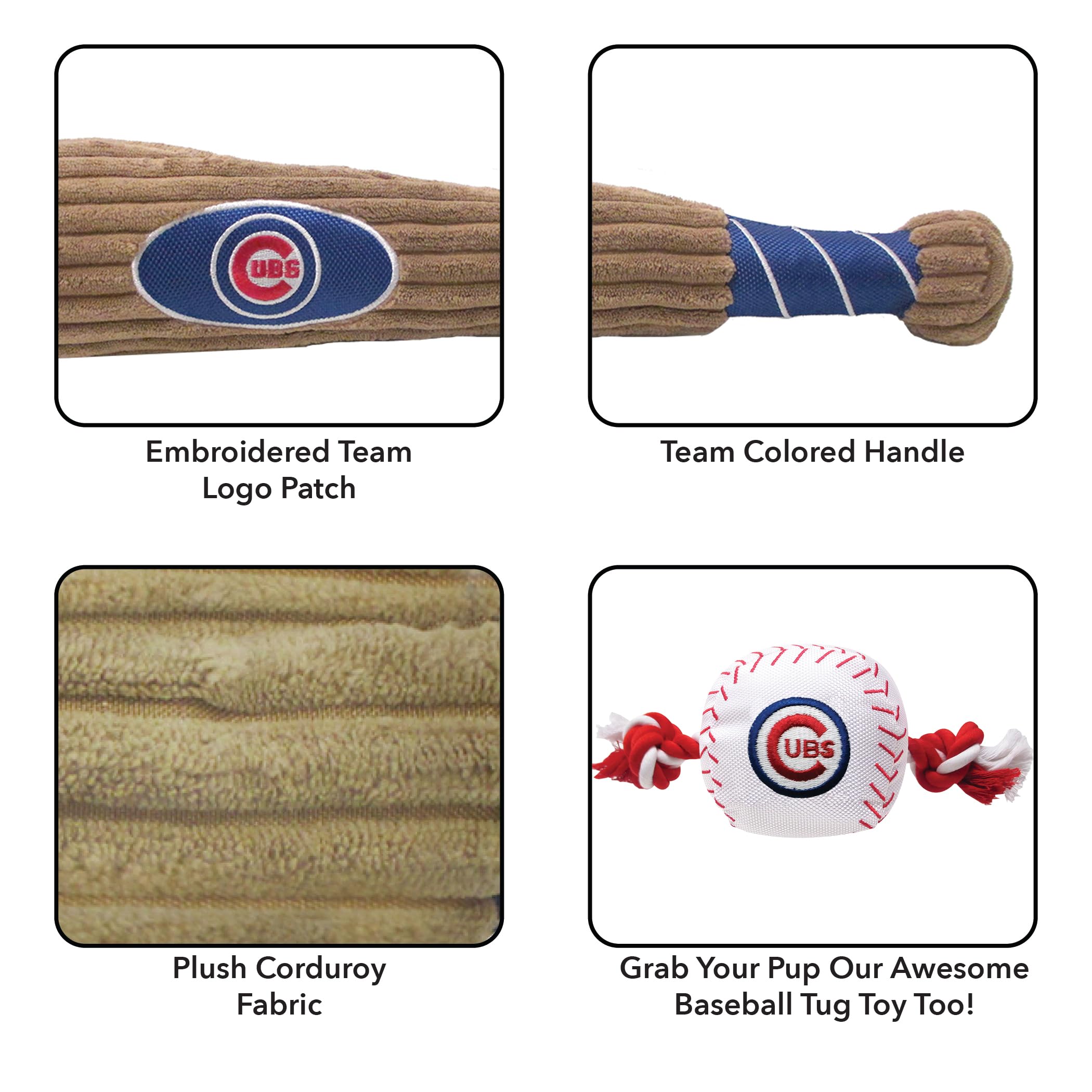 Mlb Chicago Cubs Baseball Bat Toy For Dogs & Cats. Soft Corduroy Plush Dog Toy With Inner Squeaker, Mlb Chew Toys For Dogs Or Ca