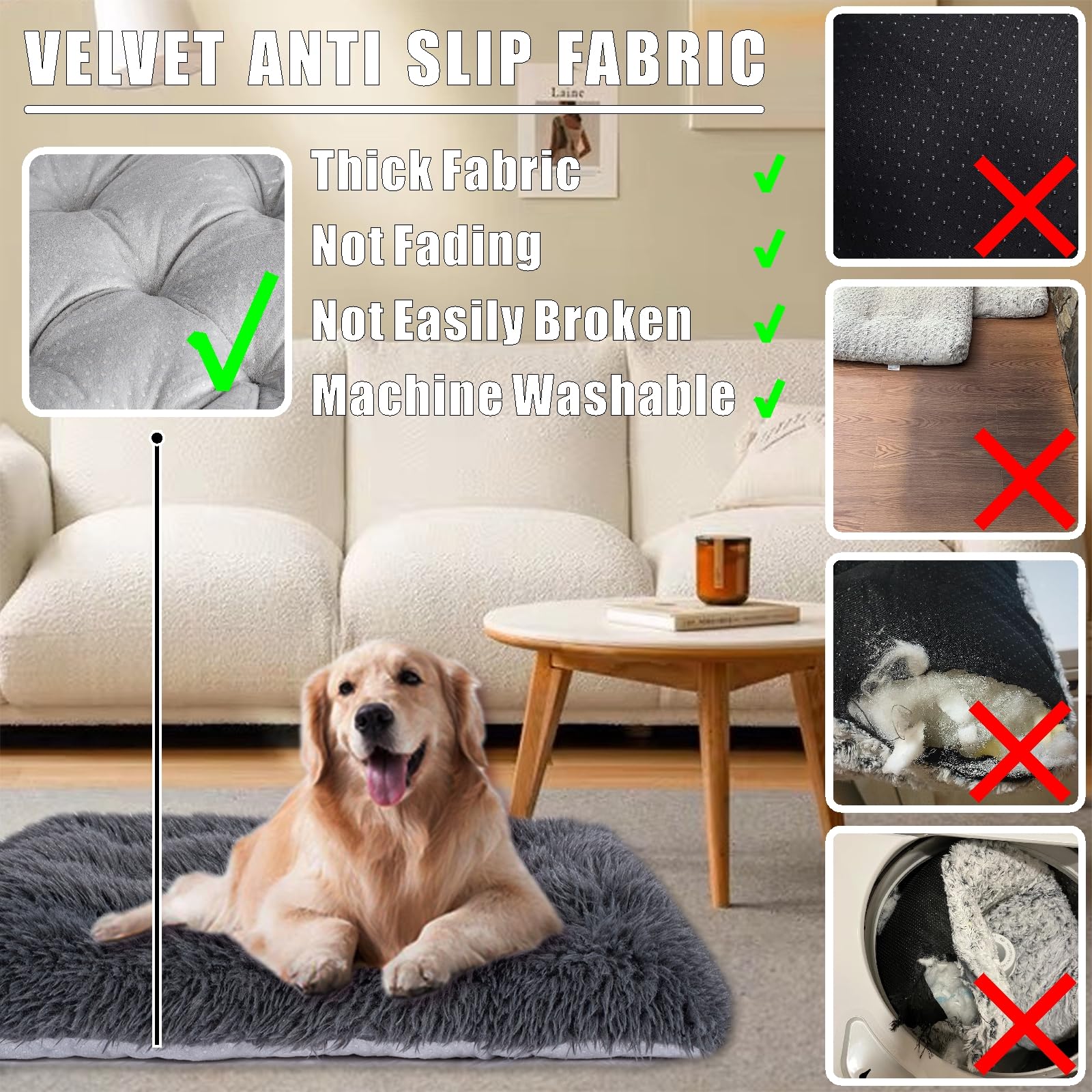 Machine Washable Dog Bed, Deluxe Plush Dog Crate Pad And Cat Bed, Anti-Slip Bottom Kennel Pad Mat, Fuzzy Pet Beds For Large, Med