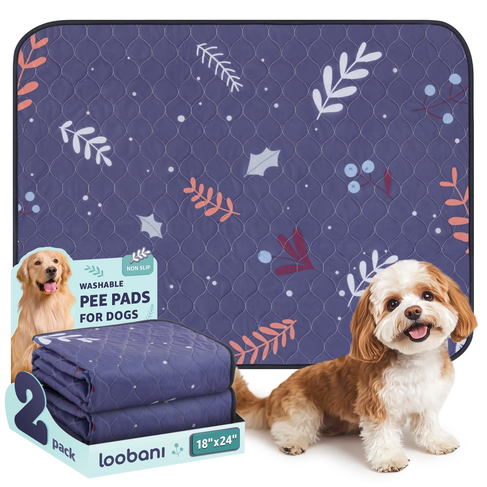 Loobani Reusable Puppy Pads: 2 Pack Washable Pee Pads For Dogs Super Absorbent, Waterproof Dog Whelping Pad, Non-Slip Potty Trai