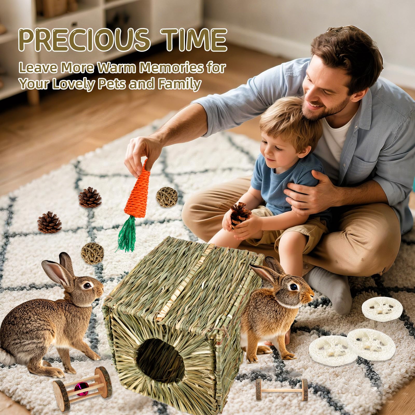 Bwogue Extra Large Rabbit Grass House Natural Hand Woven Seagrass Bed Safe Comfortable Playhouse Chew Hideaway Mat Hay Toys Hut