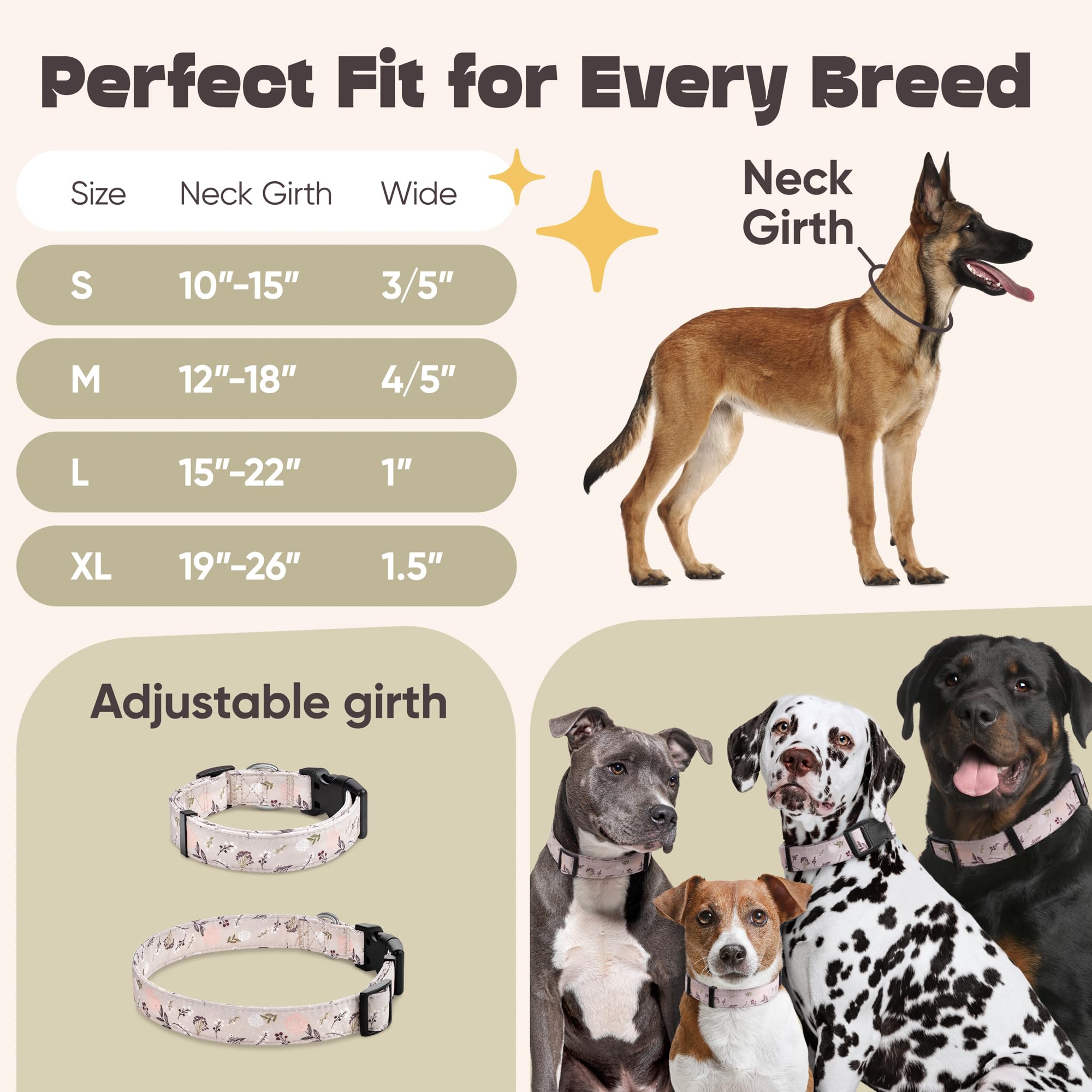 Dog Collar For Medium & Large Dogs - Flowers Cotton Padded Pattern On Long Lasting, Adjustable, Strong And Durable Collars - Cho