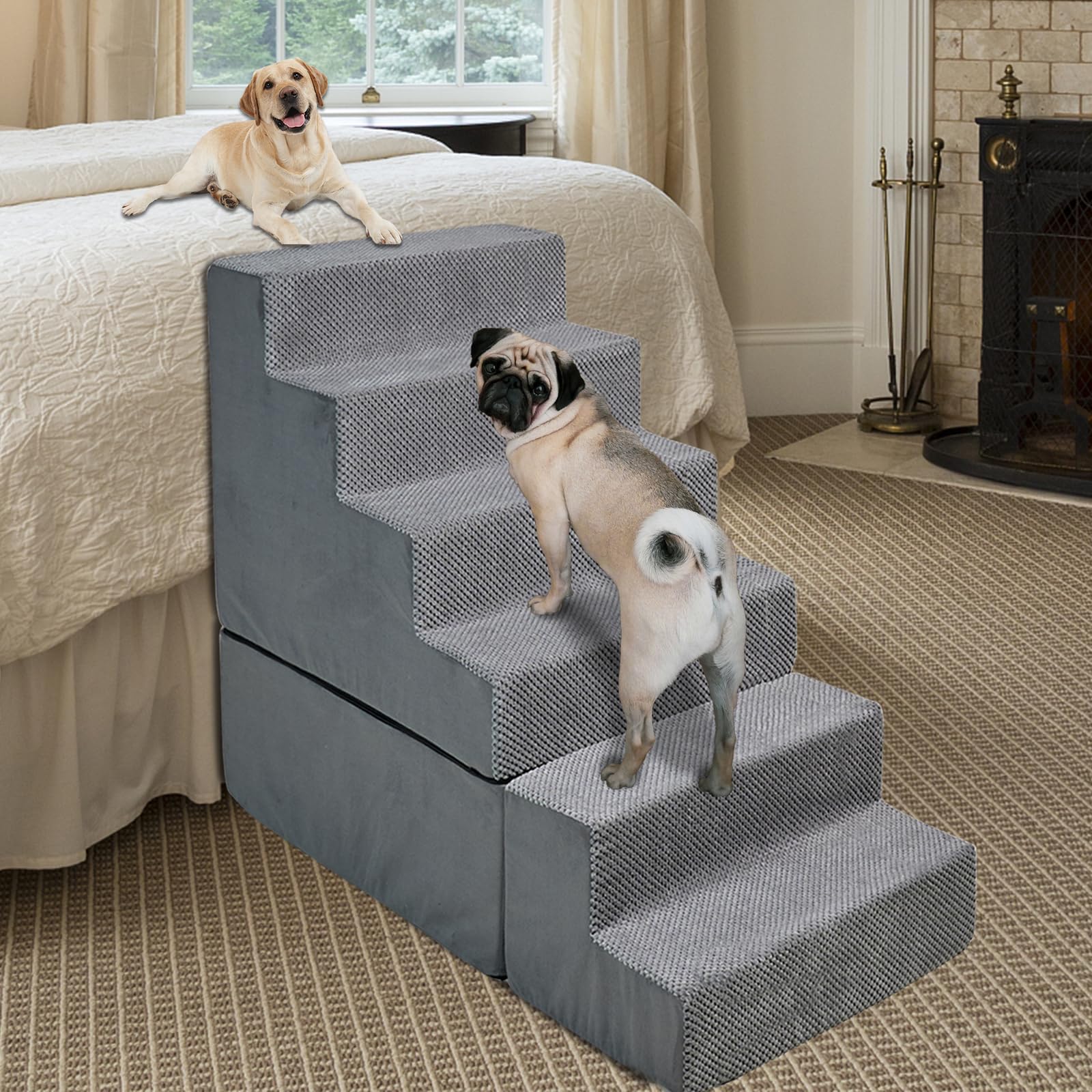 Dog Stairs For High Beds 28-30 Inches Tall, 6-Step Dog Stairs For Small Large Dogs/Cats, Foam Dogs Steps/Ramp For High Bedsides/