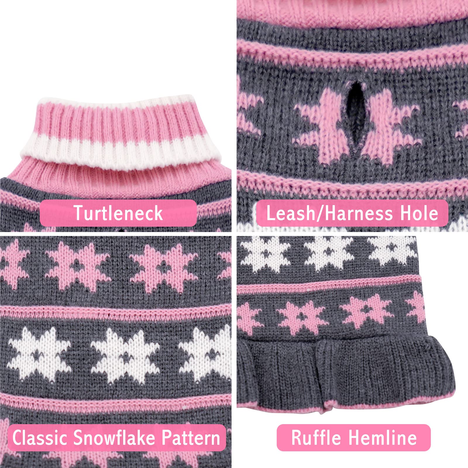 Kyeese Dog Sweater Fall Winter Dog Clothes Warm Dog Coats Cute Dog Sweater Dress With Leash Hole Pullover Knit Turtleneck Dog Sweater With Snowflake Pattern For Small Dogs, Girl Grey, X-Large