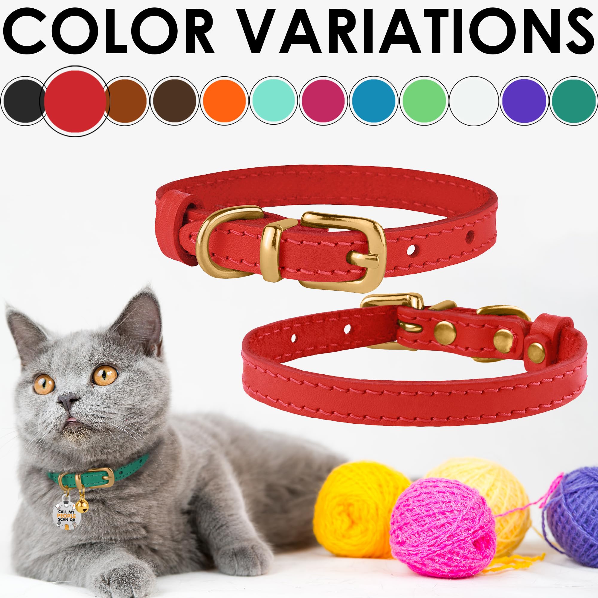 Bronzedog Leather Cat Collar With Bell Non Breakaway Kitten Qr Tag For Girl Boy (9' - 11' Cats/Mini Dogs, Red & Gold)
