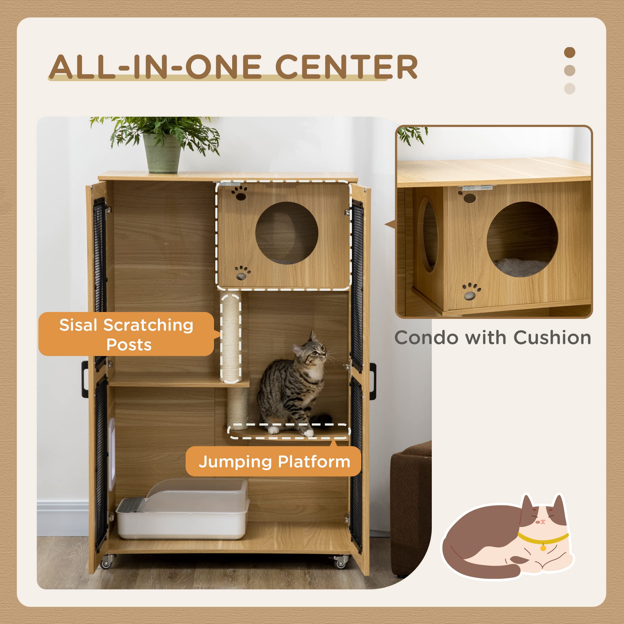 Pawhut Luxury Cat House With Wheels, Kitty Cage Catio Villa For Indoor Cats With Scratching Posts, Condo, Flap Door, Cushion, Oa