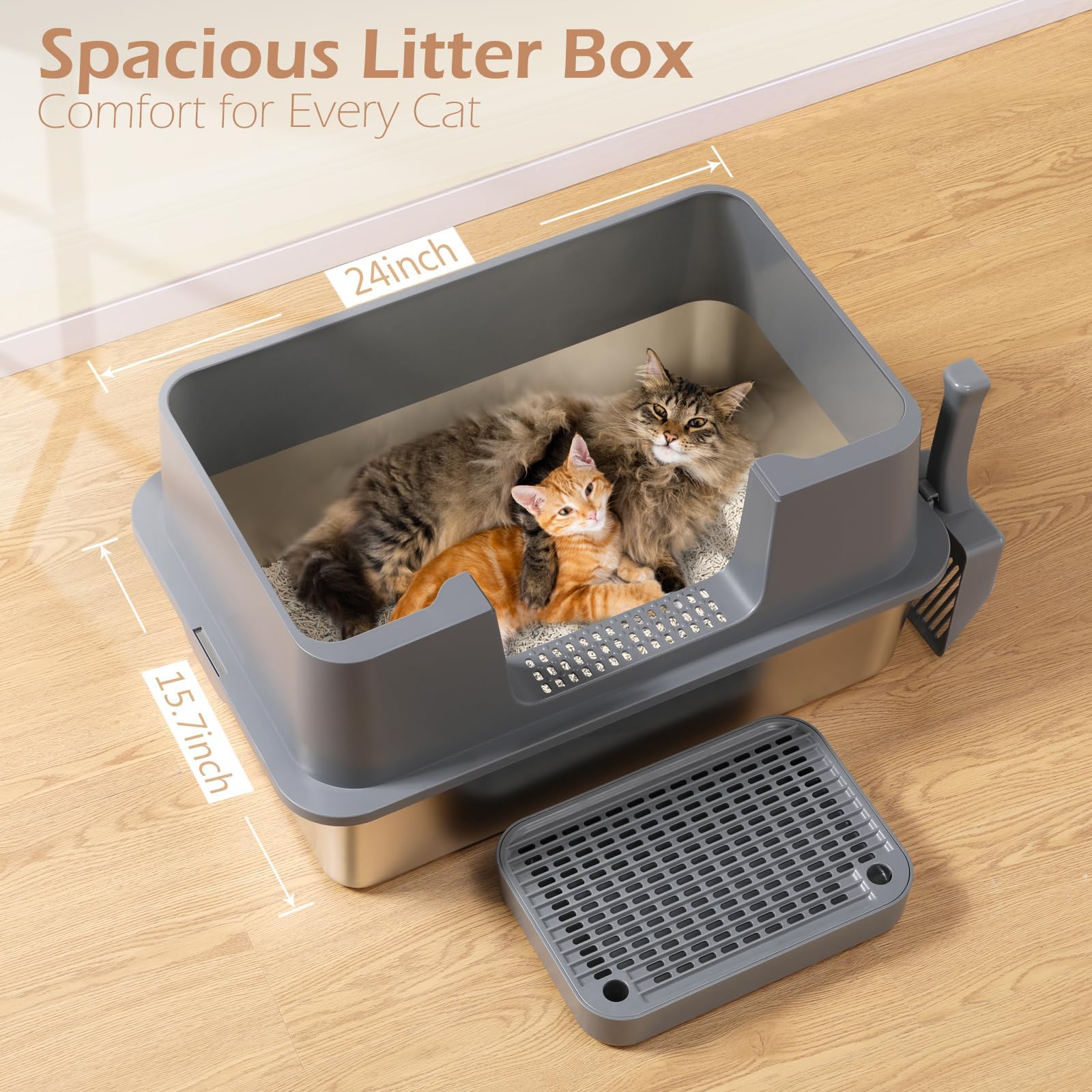 Xl Stainless Steel Cat Litter Box With Lid - High Sides, Leak-Proof, Non-Stick Metal Litter Box For Large Cats - Easy To Clean,