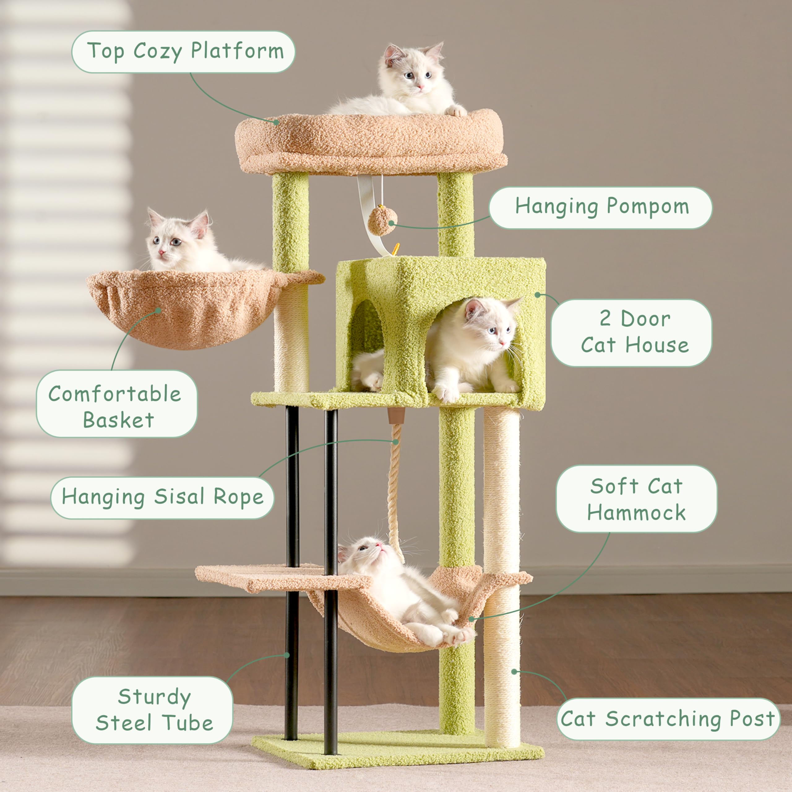 Gitelsnour Cat Tree, Cat Tower For Indoor Cats, 43.3 Inch Cactus Cat Tree Tower With Sturdy Steel Tube, Hammock, Cat Condo For S