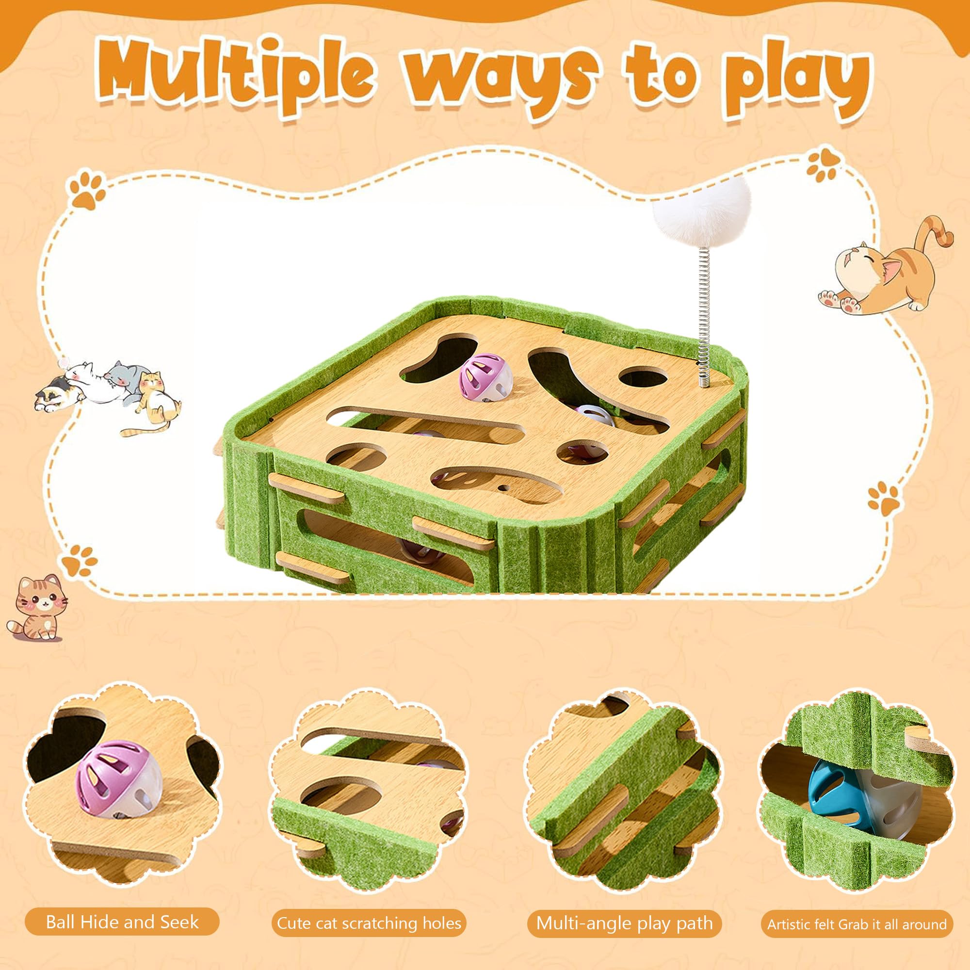 Cat Puzzle Toys Interactive Cat Dancer For Indoor Cats Teasing Box With Squeaky Toys And Scratching Felt,Kitten Track Ball Toy F