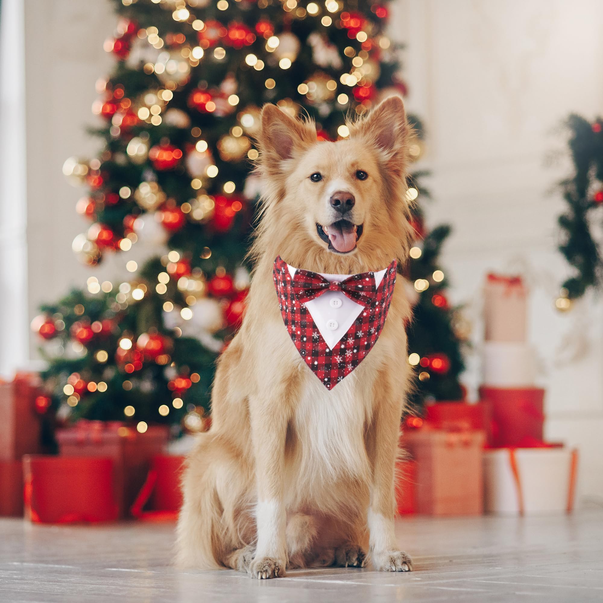Adoggygo Christmas Dog Tuxedo Bandana, Red Plaid Pet Chritstmas Tux With Bowtie Adjustable Christmas Formal Costume For Medium D