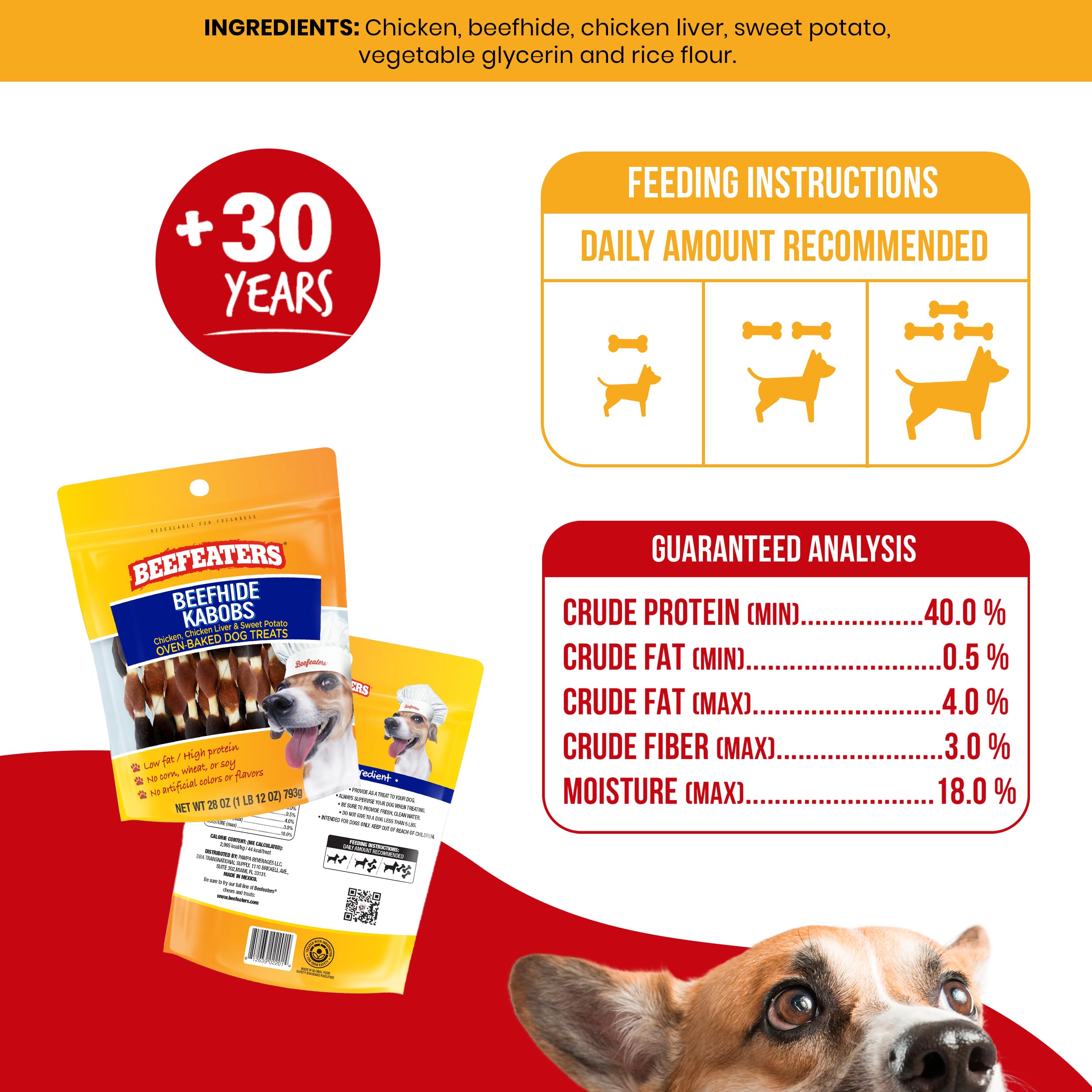 Beefeaters Beefhide Kabobs 28oz - Dog Treat. Triple Flavor with Real Chicken, Liver & Sweet Potato, Long-Lasting Chew, Supports