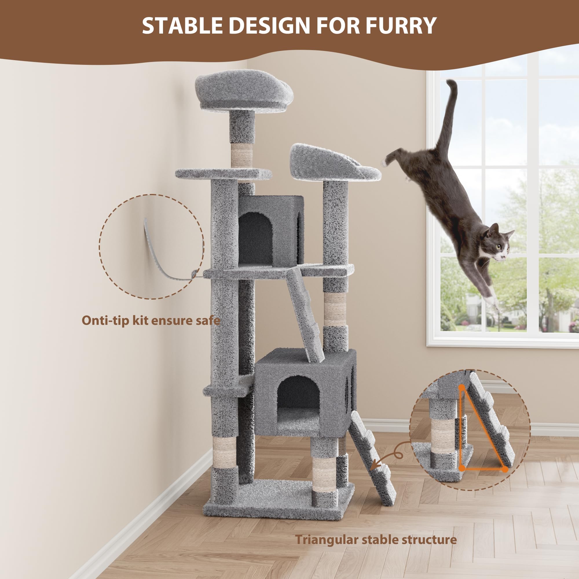 Cat Tree, Tall Cat Tower Condo For Indoor Large Cats, Cat House Furniture With Padded Plush Perch Sisal Scratching Posts (Grey,