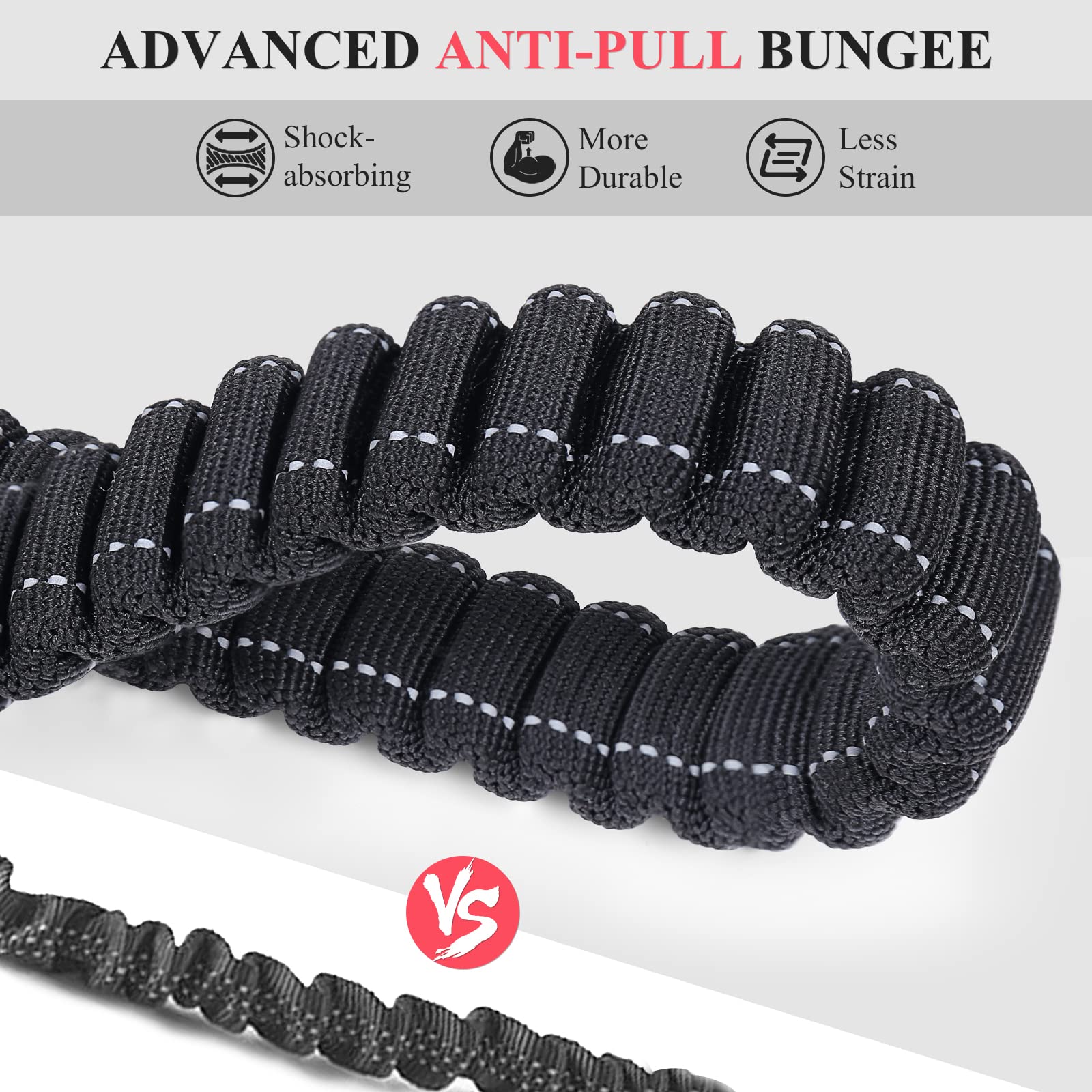 Vivaglory Hands Free Dog Leash With Shock-Absorbing Bungee For Medium & Large Dogs, Reflective Adjustable Waist Leash With Dual Padded Handle For Walking, Jogging, Running, Hiking, Black-Red
