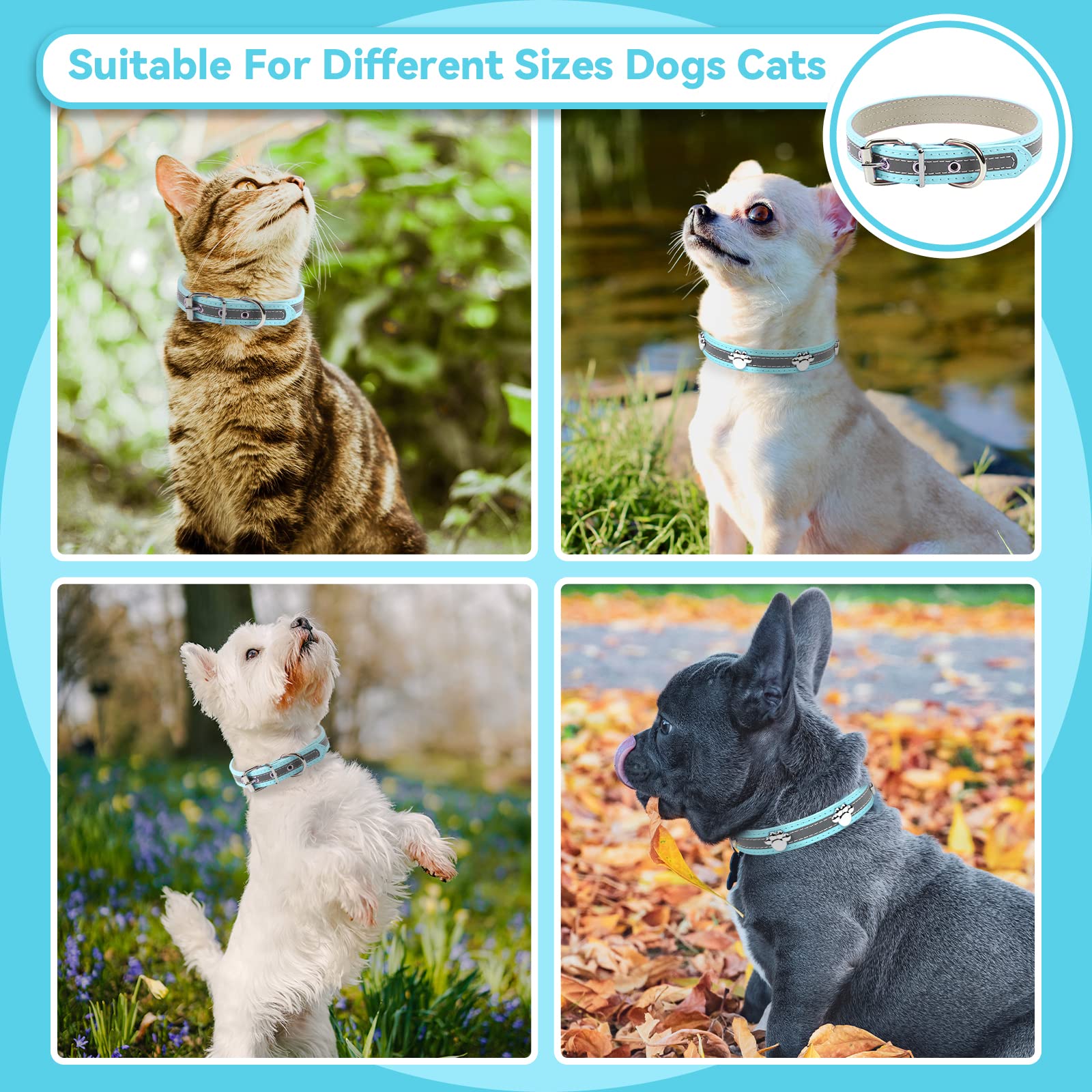 Petcare Reflective Dog Collar With Cute Paw Rivet Studded Funny Soft Pu Leather Adjustable Puppy Dog Collars For Small Medium Large Dogs Cats (Blue,X-Large)