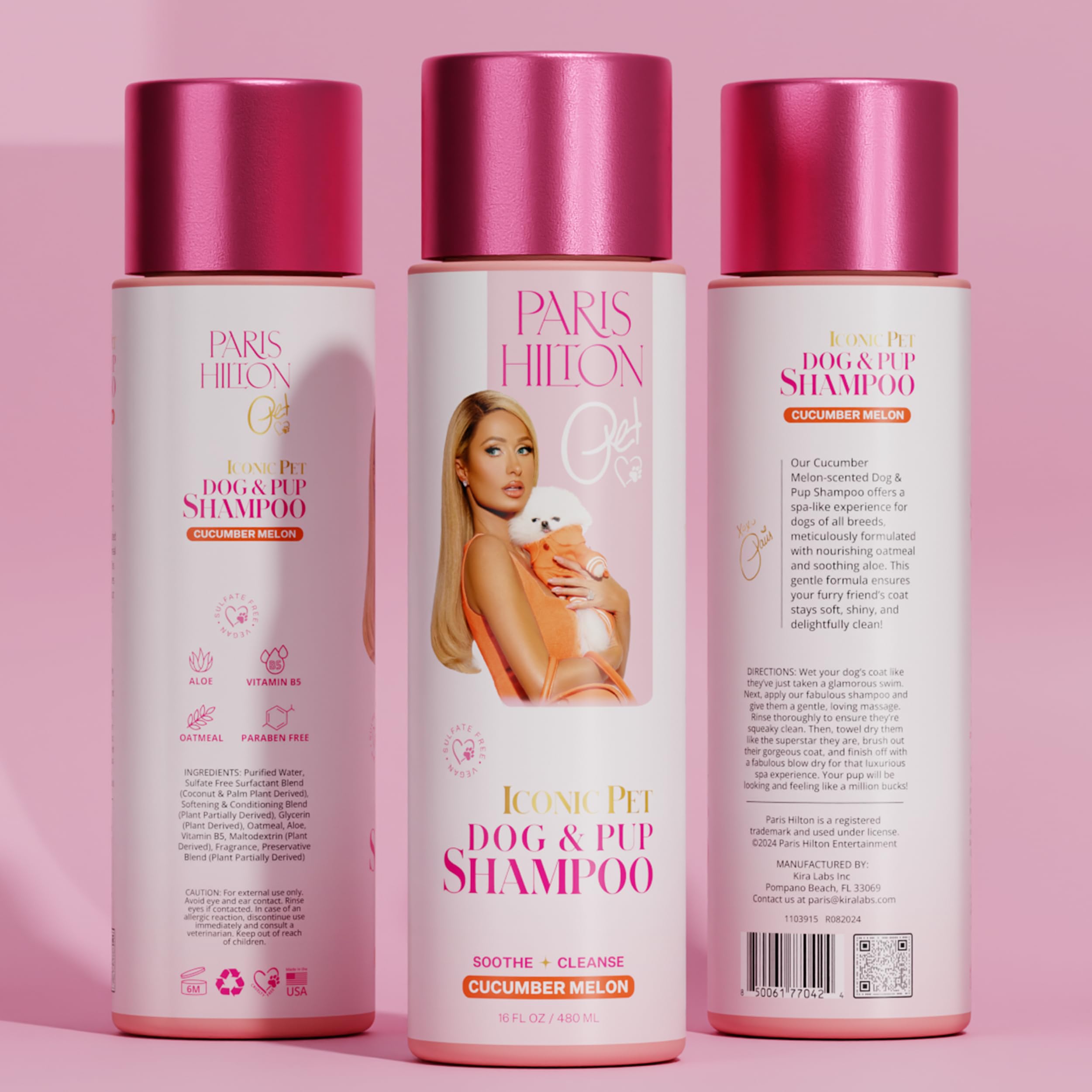 Paris Hilton Dog Shampoo - Crisp Refreshing Cucumber Melon Scent, Sulfate-Free Vegan & Hypoallergenic for All Dog Breeds, with O