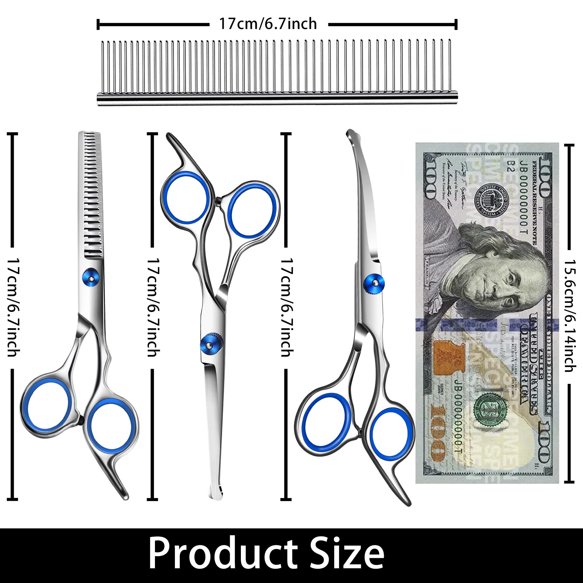 Dog Grooming Scissors Kit,Includes Curved Thinning Straight Scissors,Comb,Grooming Nail Clipers,Nail Trimmer,Dog Grooming Scisso