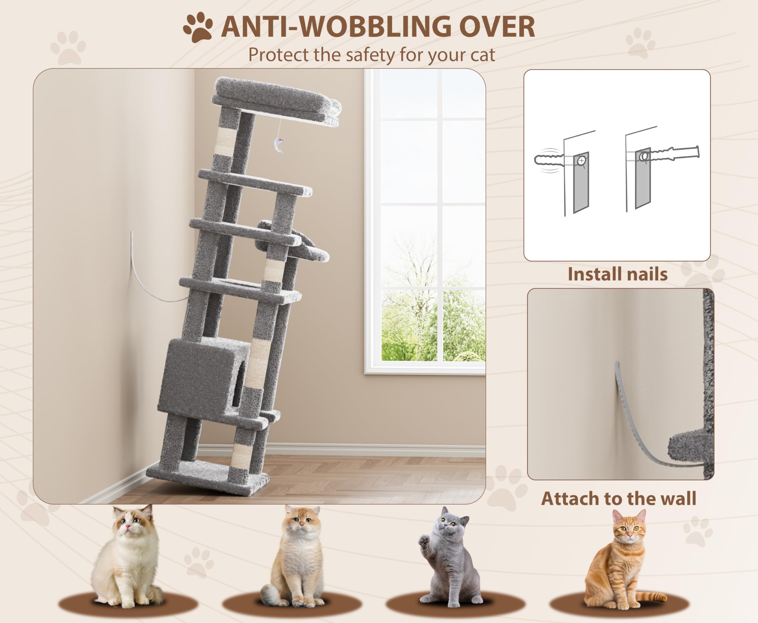 Cat Tree, Tall Cat Tower Condo For Indoor Large Cats, Cat House Furniture With Padded Plush Perch Sisal Scratching Posts