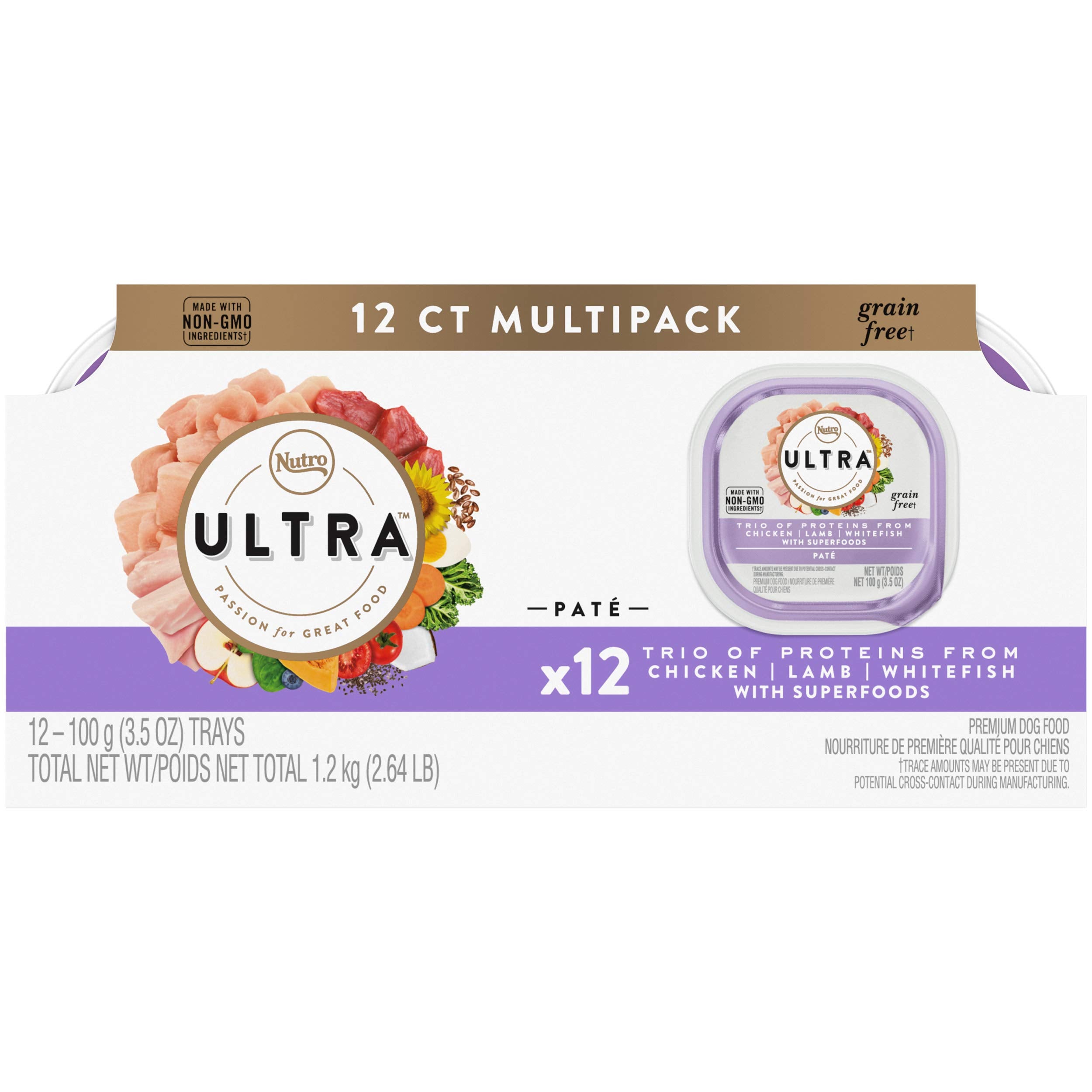 Nutro Ultra Wet Dog Food Adult Pate Trio of Proteins Chicken, Lamb & Whitefish, 3.5 oz. Trays (12 Count, Pack of 1)