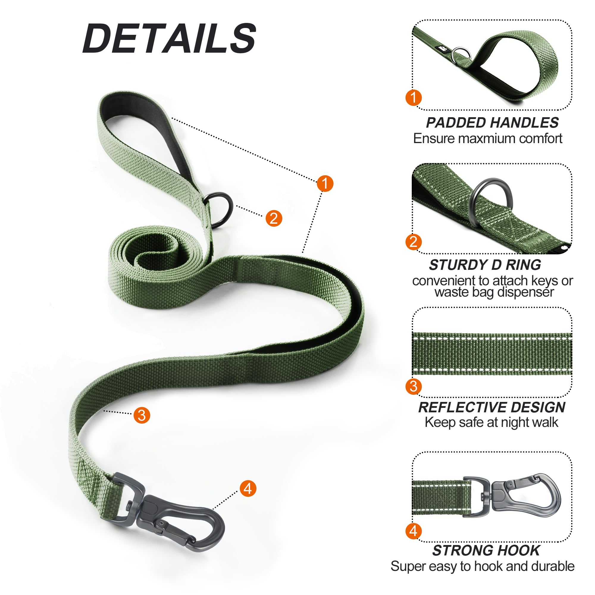 Twoear 5Ft 1In Strong Green Dog Leash With 2 Padded Handles, Traffic Handle Extra Control, Comfortable Soft Dual Handle, Auto Lo