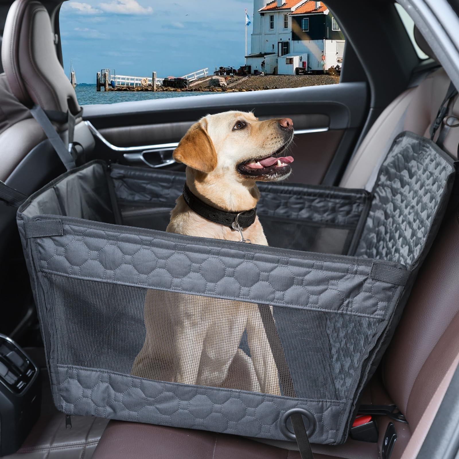 Dog Car Seat For Large Medium Dogs, Dog Car Seat Cover For Back Seat, Foldable Pet Carseat With Safety Belt, Waterproof Fabric &
