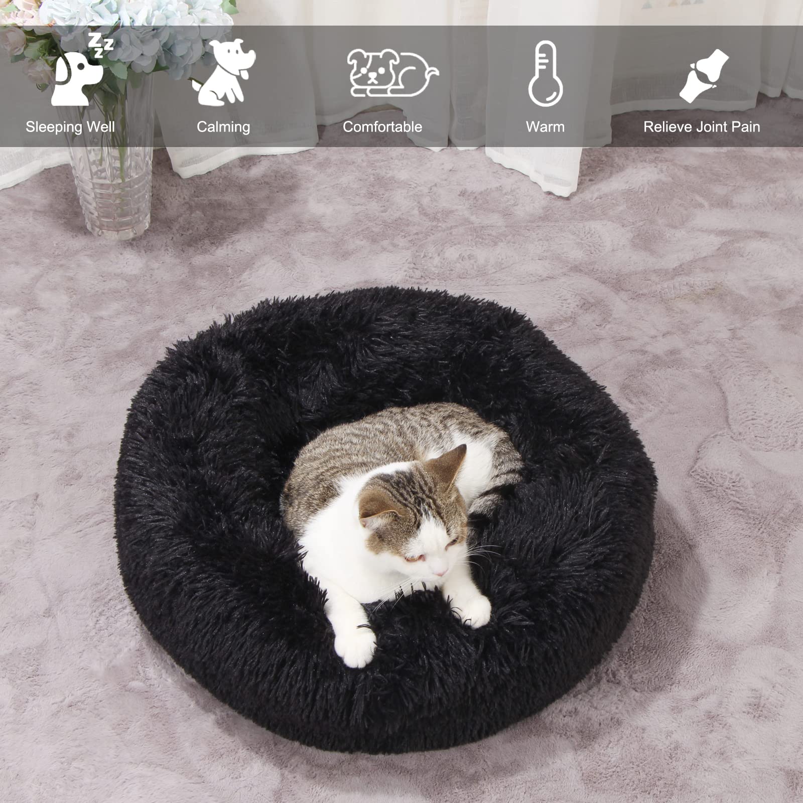 Black Dog Bed Washable,Fluffy Dog Beds For Small Dogs 19 Inches Donut Soft Small Pet Bed,Calming Anti Anxiety Round Fits Up To 1