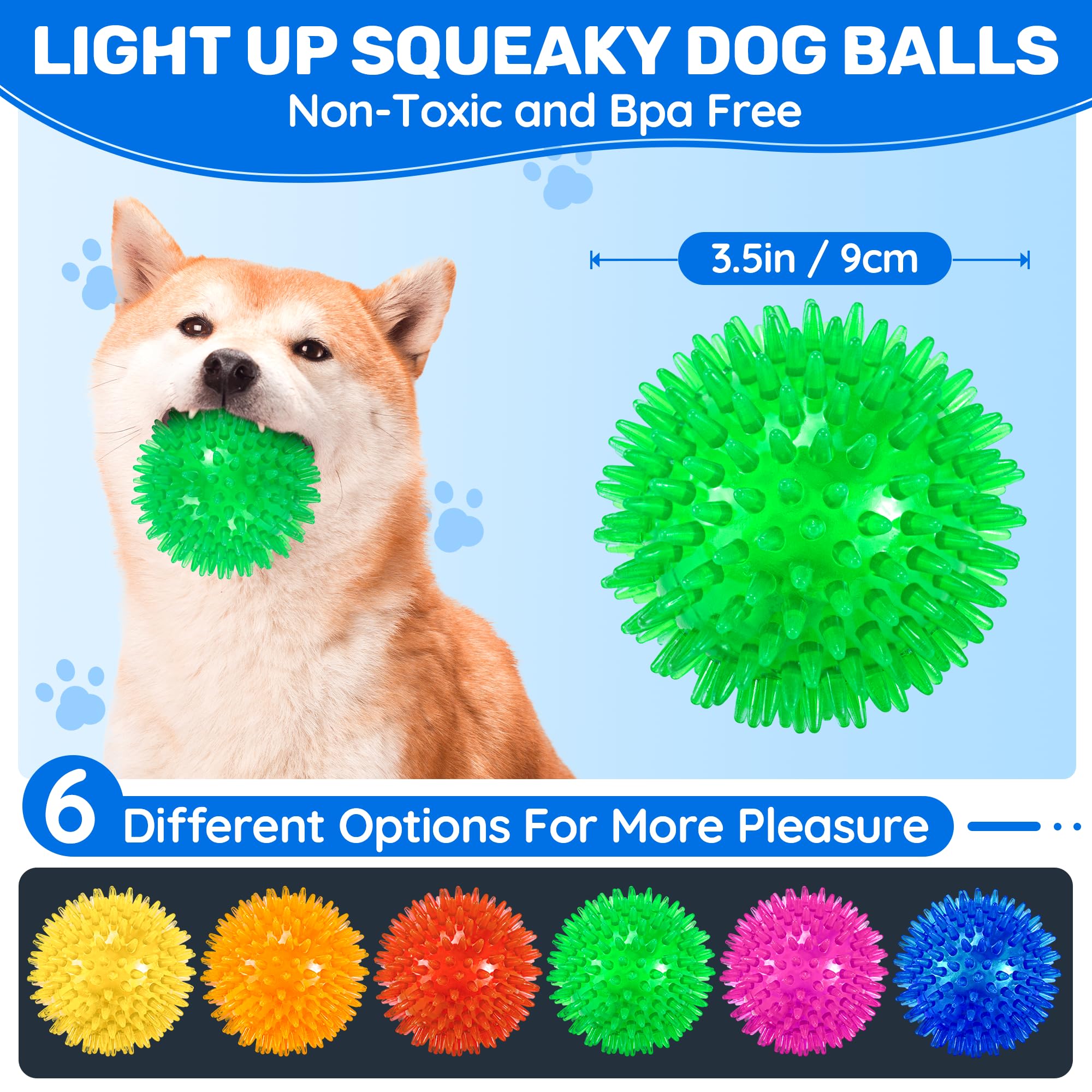 Ousiya 6 Pack 3.5'' Light Up Squeaky Dog Toy Balls, Spiky Dog Balls For Small,Medium Large Dogs