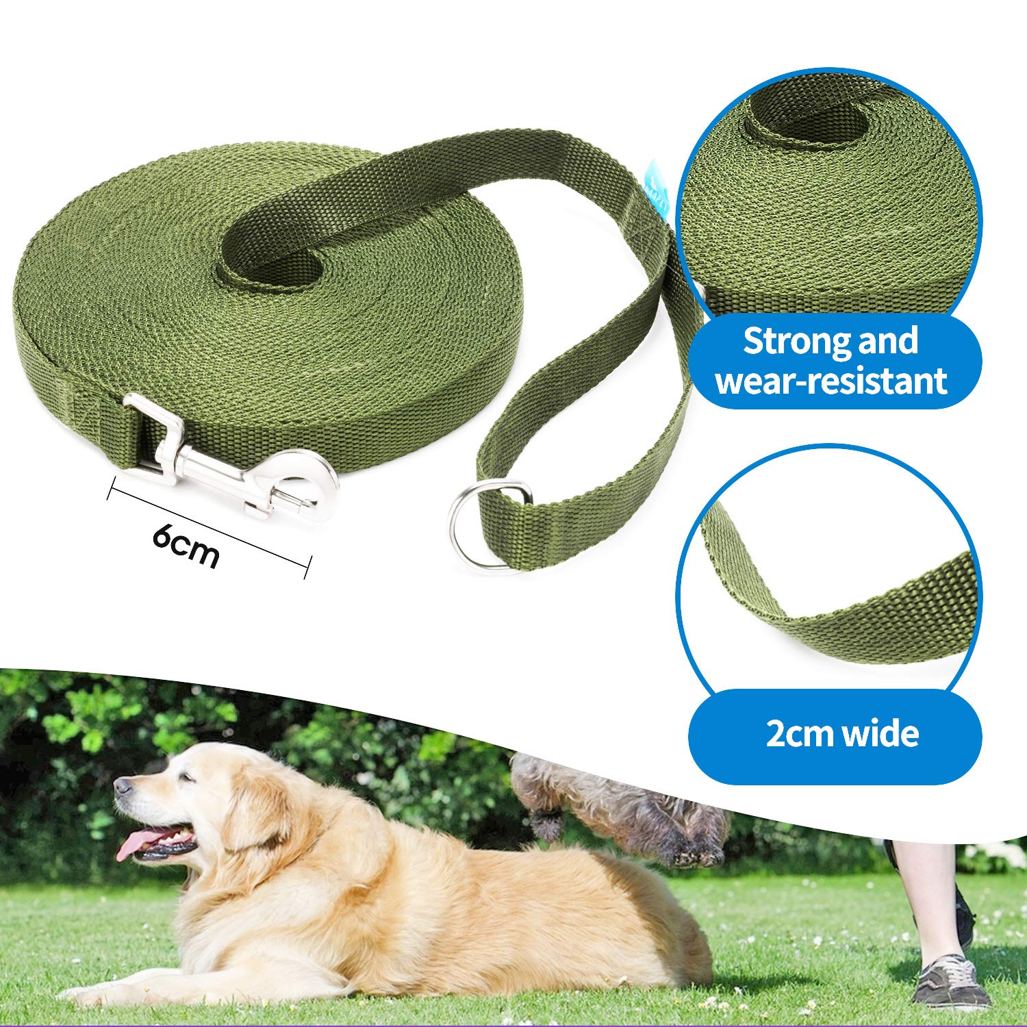 Baapet 15 Ft 20 Ft 30 Ft 50 Ft 100 Ft Long Dog Training Leash For Dog Training, Play, Camping, Or Backyard Lead With Training Clickers For Small, Medium And Large Dogs Or Cats (15 Feet, Darkgreen)
