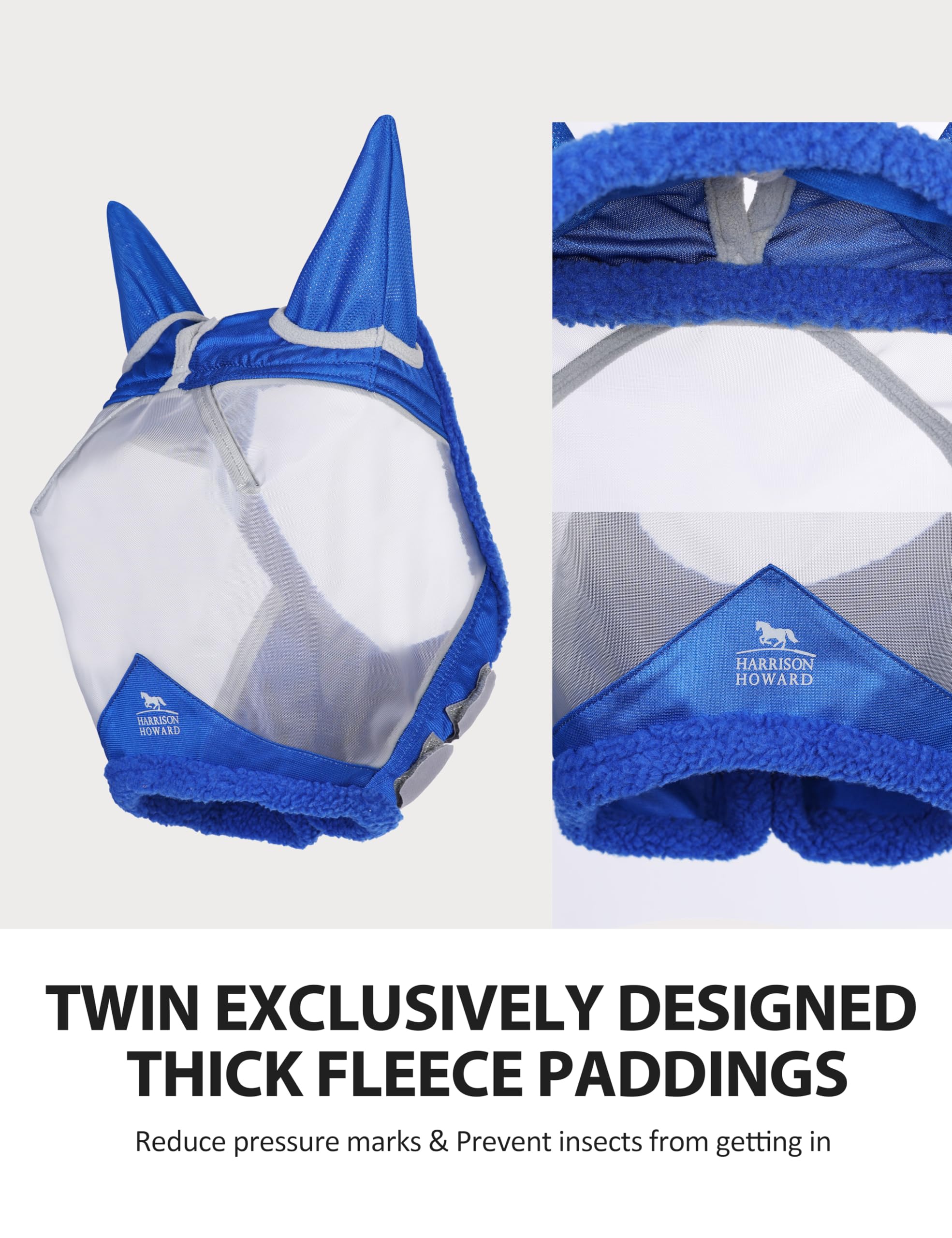 Harrison Howard CareMaster Horse Fly Mask UV Protective Fine Mesh with Extra Wool Soft Touch on Skin Champion Blue M
