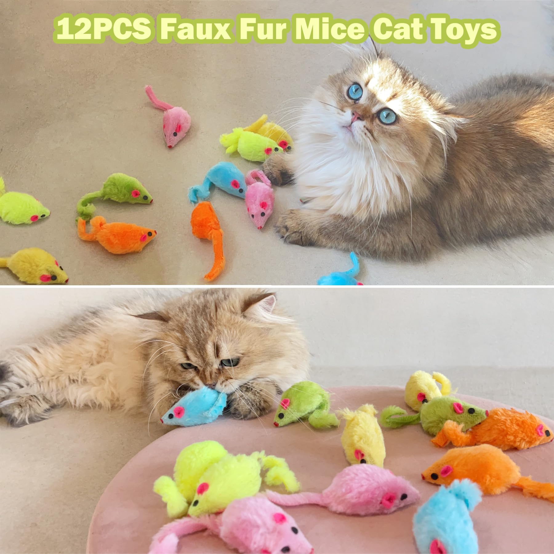 MeoHui 12PCS Faux Fur Cat Toys - 5.5” Realistic Mice with Catnip, Interactive Rattle Mouse Toys for Indoor Cats and Kittens