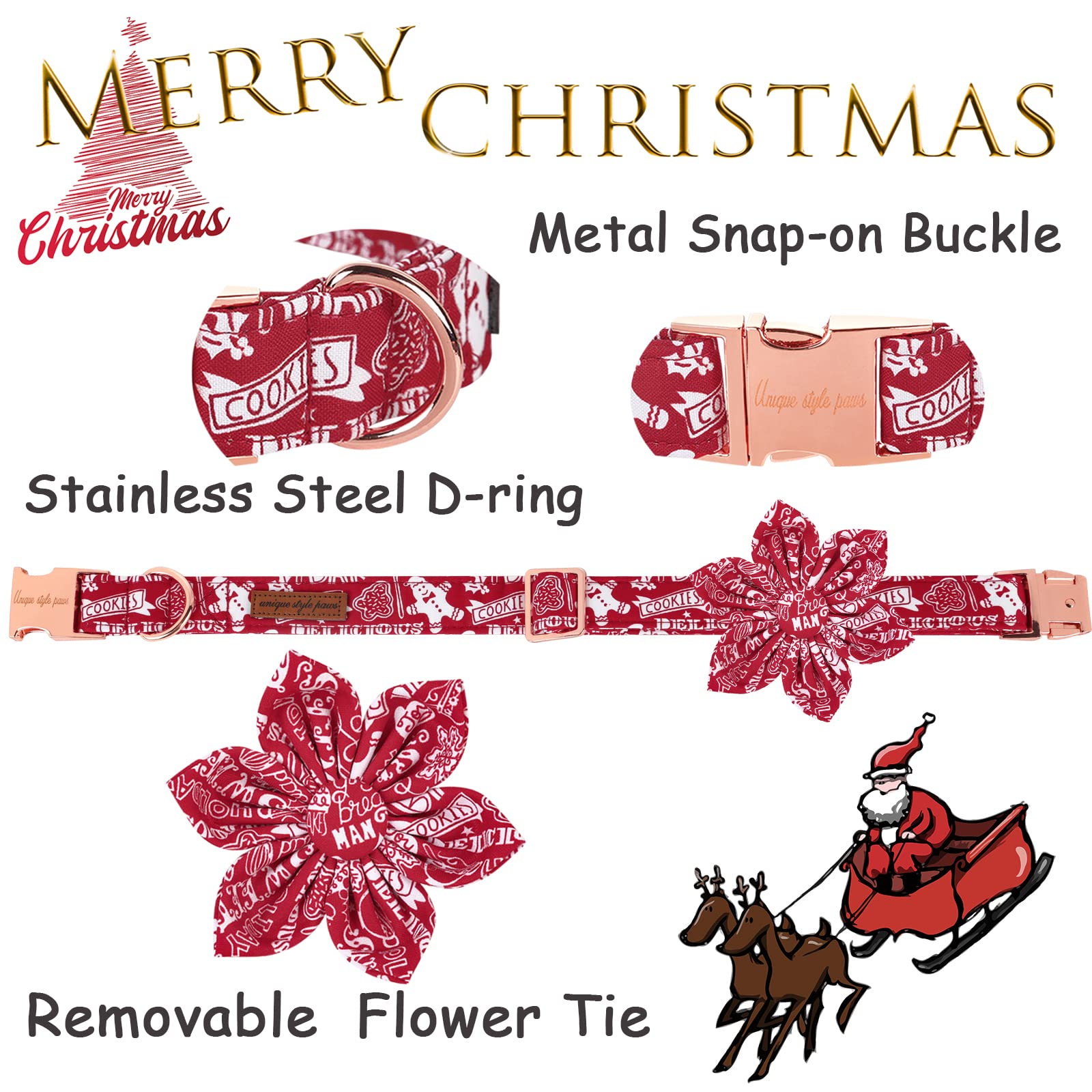 Unique Style Paws Christmas Dog Collar With Flower Tie Winter Gingerbread Snowman Theme Puppy Collar For Small Medium Large Dogs-L