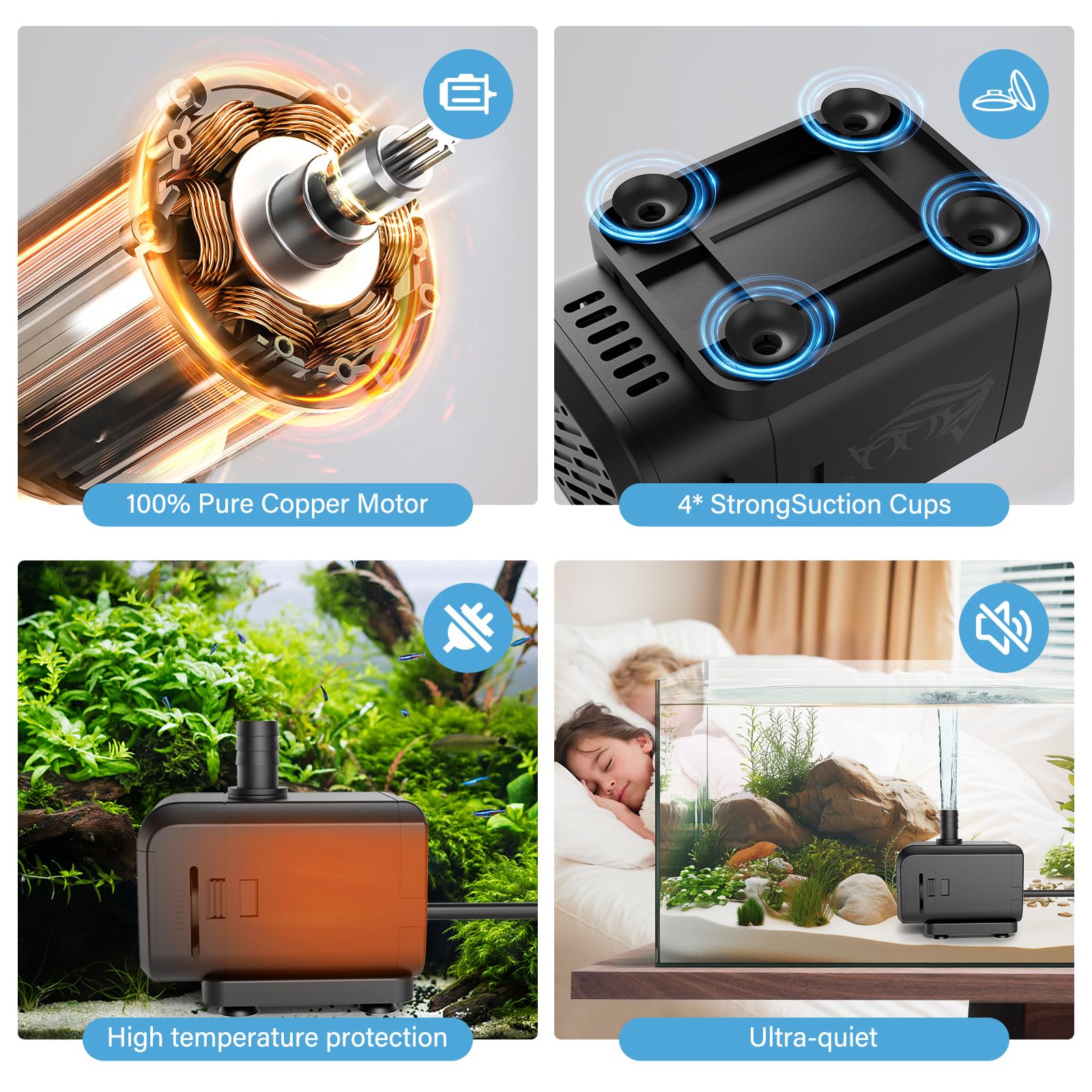 AQQA Submersible Aquarium Water Pump, Fountain Pump with Adjustable Flow,Dual-Suction Side/Bottom Intake,Ultra-Quiet Thermal Pro