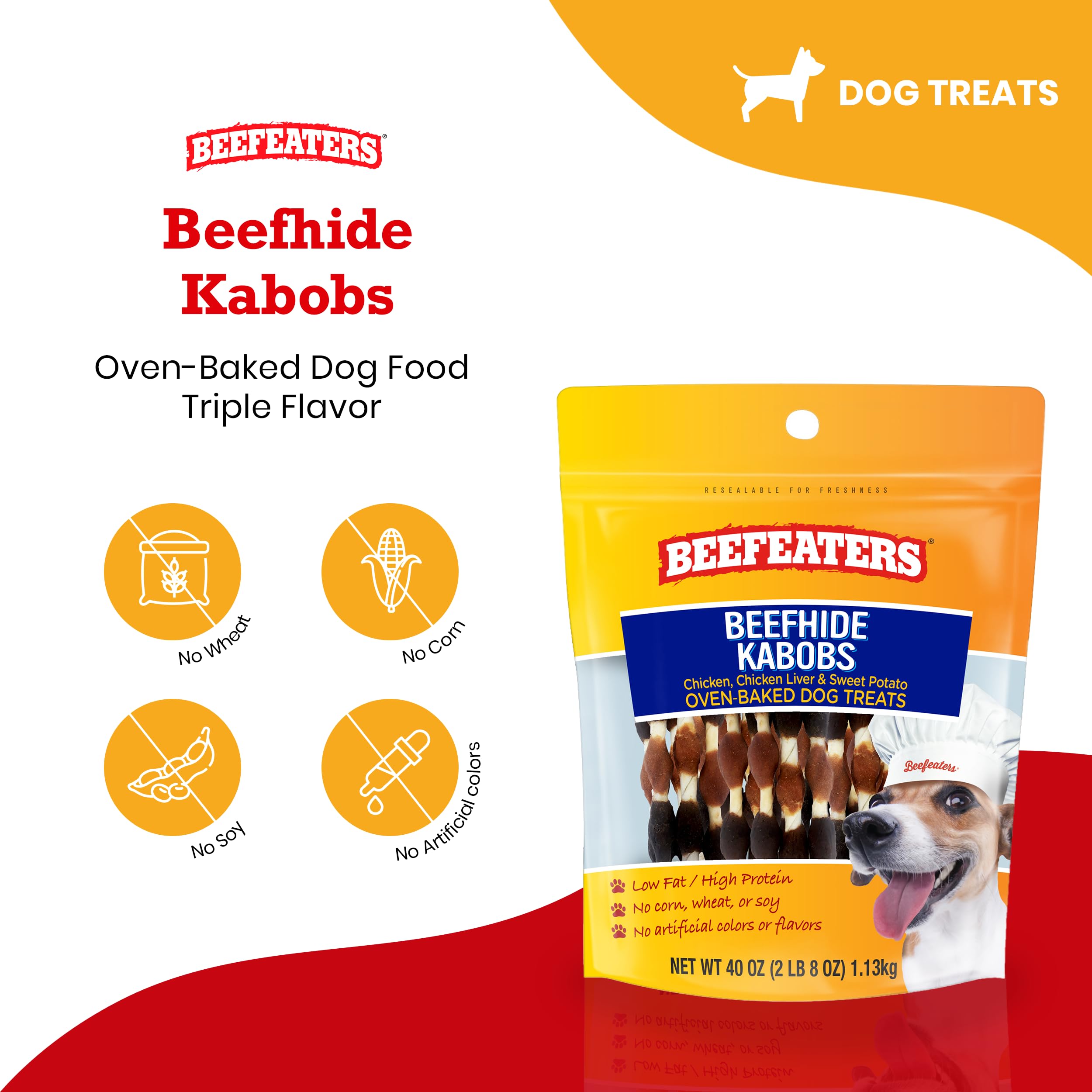 Beefeaters Beefhide Kabobs 40oz - Dog Treat. Triple Flavor with Real Chicken, Liver & Sweet Potato, Long-Lasting Chew, Supports