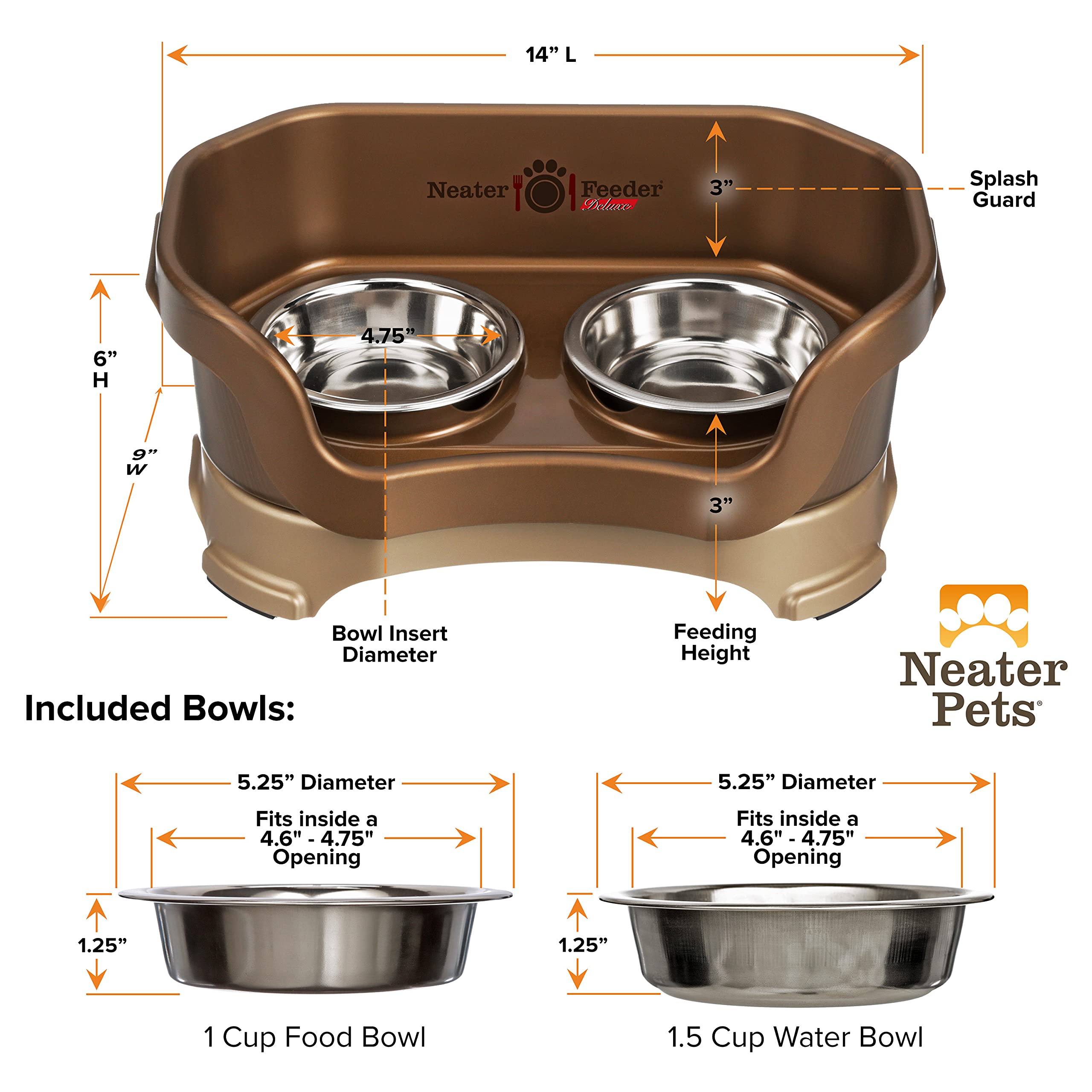 Neater Feeder Deluxe Mess Proof Cat Bowls Elevated for All Breeds - Made in USA - No Spill Raised Bowls for Indoor Cats - Stainl