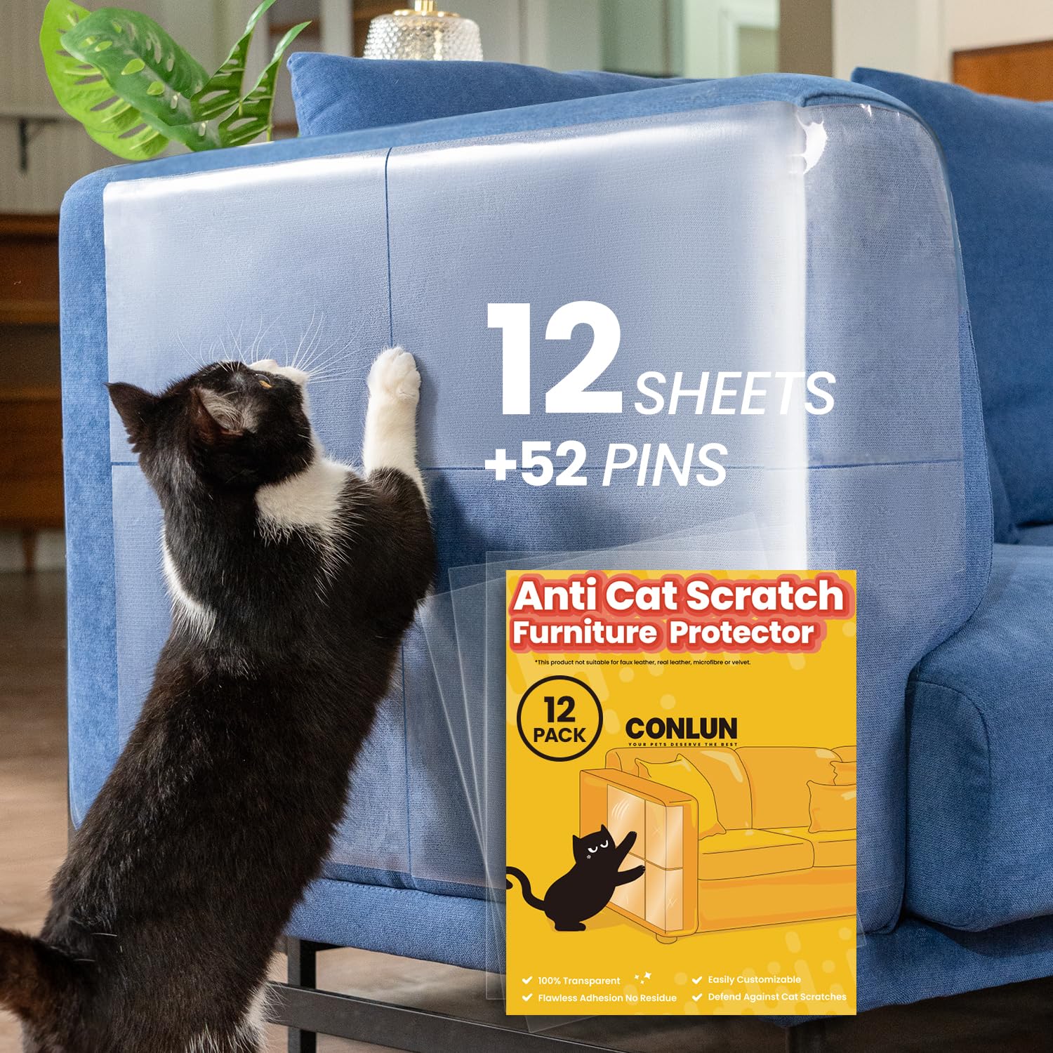 Conlun Cat Scratch Furniture Protector-12 Pack Single Side Couch Protector, Clear Anti Cat Furniture Protector,Training Tape, 12