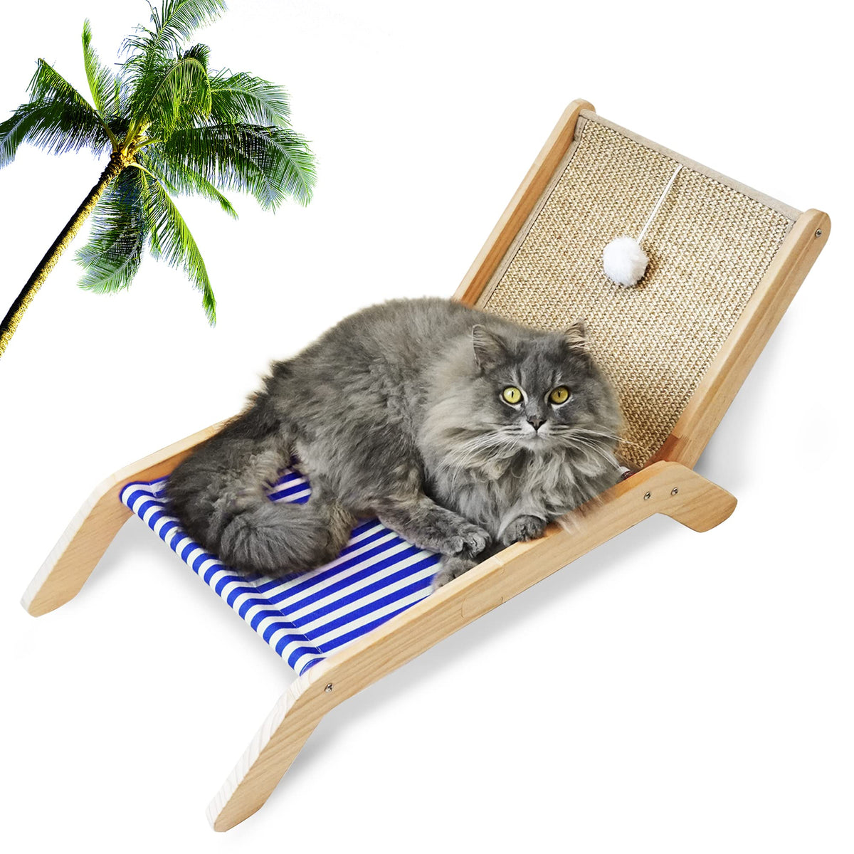 Petkaray Cat Hammock, Original Cat Furniture Of Mini Beach Chair, Elevated Cat Bed With Durable Sisal Scratcher, Natural Solid W