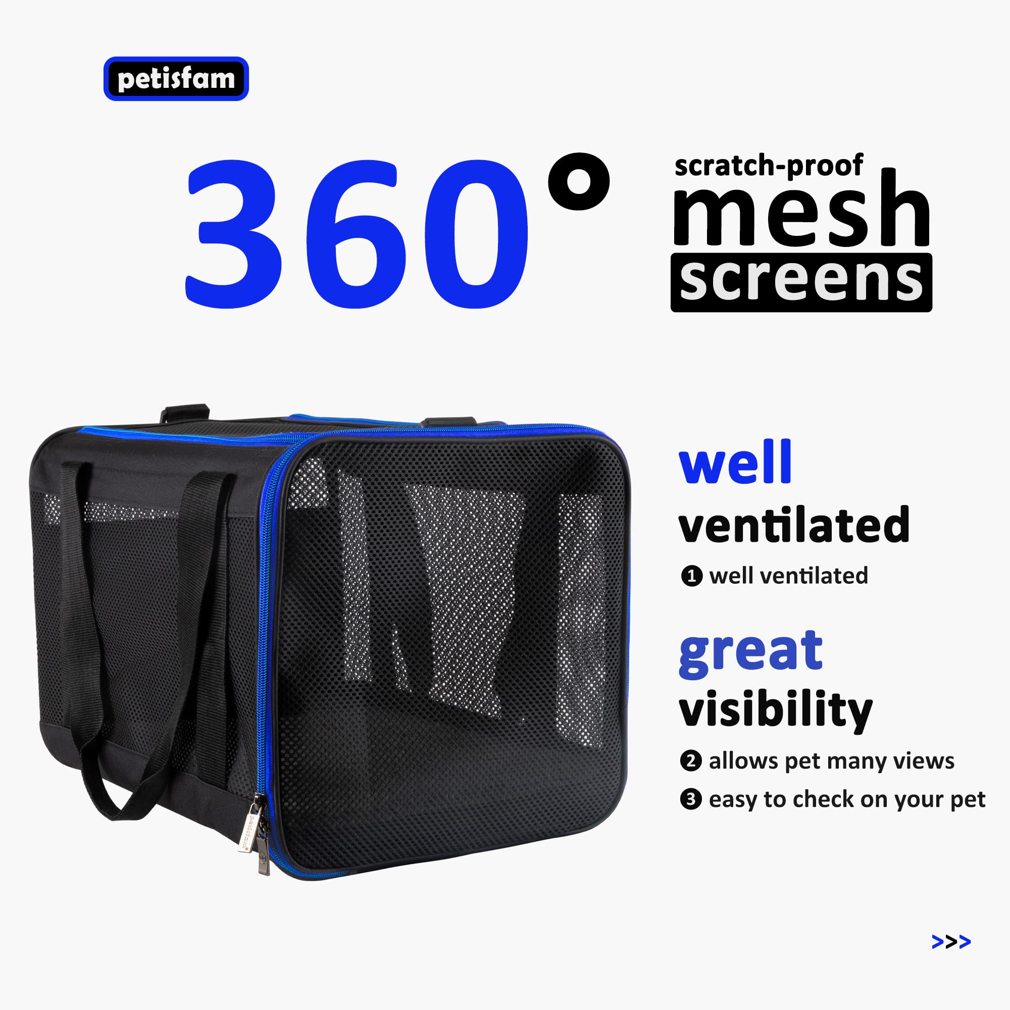 Petisfam Easy Load Soft Pet Carrier Bag Cat For Medium, Large Cats, Puppy, Sturdy, Collapsible, Comfy, Black W/Blue Trim, L