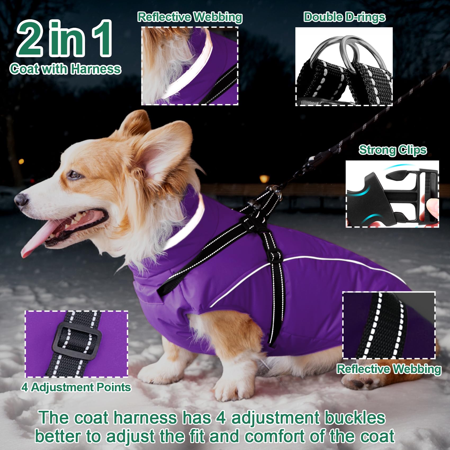 Fragralley Waterproof Dog Coat with Harness, Fleece Lined Warm Puffer Jacket, Adjustable Reflective Windproof Parka for Small Me