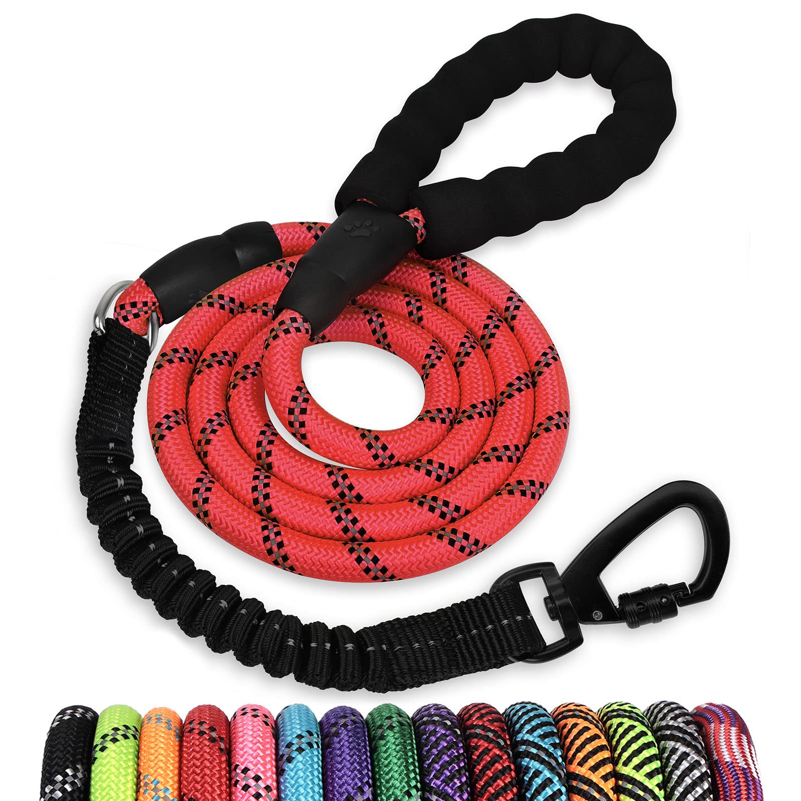 Rope Dog Leash 6 Ft: Heavy Duty Leashes With Swivel Lockable Hook Reflective Threads Bungee And Padded Handle - Dog Lead For Large Small Medium Dogs Outside Walking Hiking Red